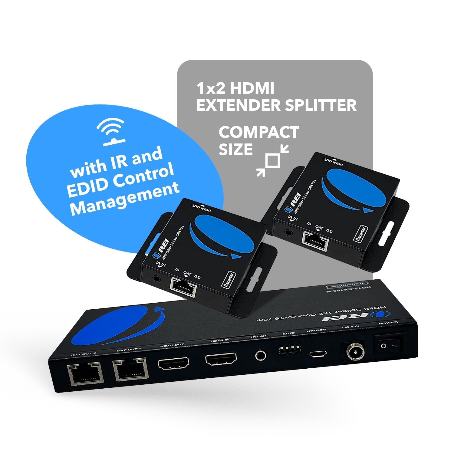1x2 HDMI Extender Splitter Over CAT6/7 Cable - 165ft Range with Loop Out, IR Control & EDID (HD12 EX165 K) - Perfect for Home Theater, Conference Rooms & Multi-Display Setups