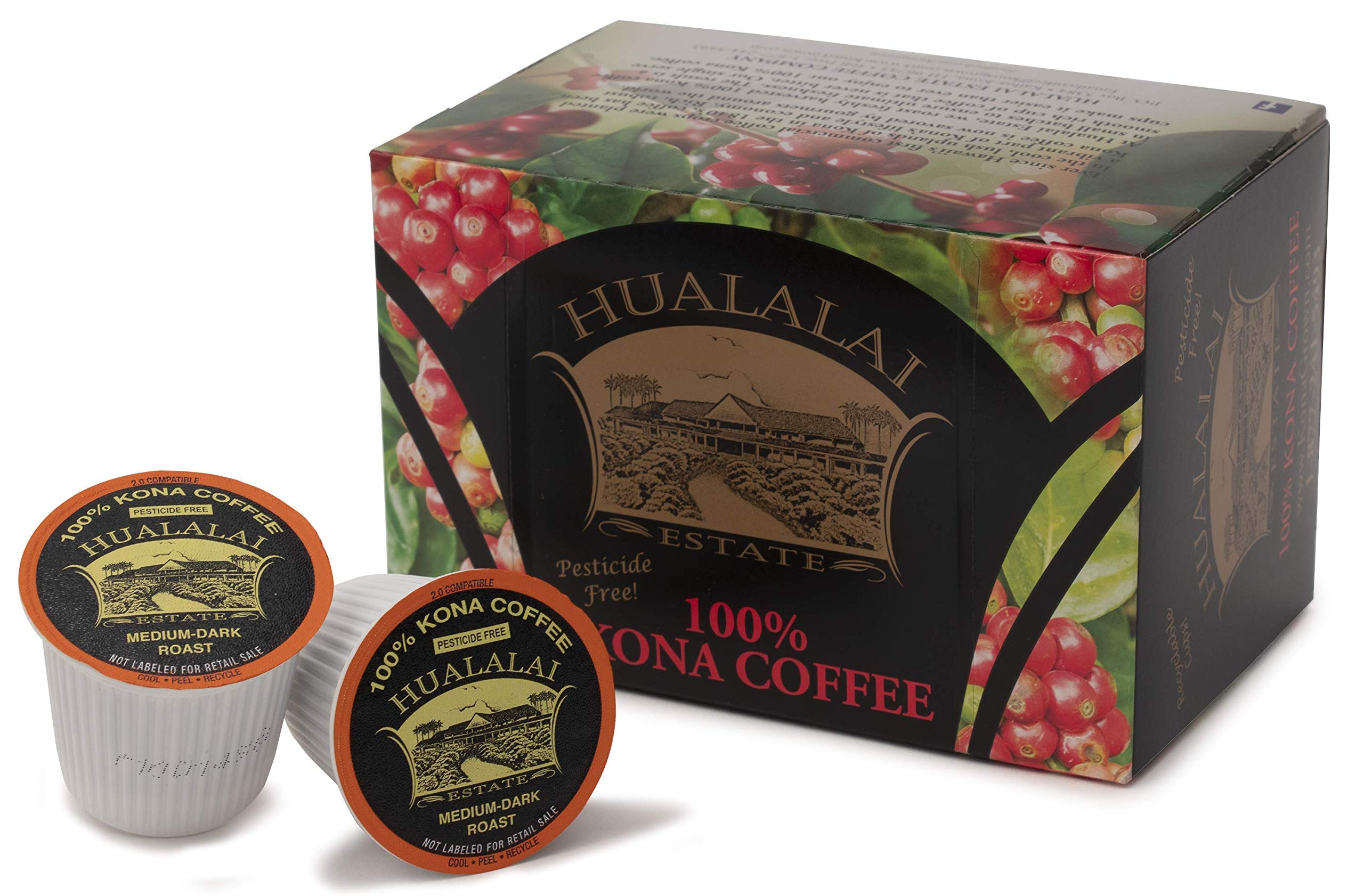 Premium 100% Kona Coffee Pods - Medium Dark Roast Single Serve Cups by Hualalai Estate (12 Count) - Authentic Hawaiian Ground Coffee for Keurig Machines - Perfect for Office, Home & Gifts