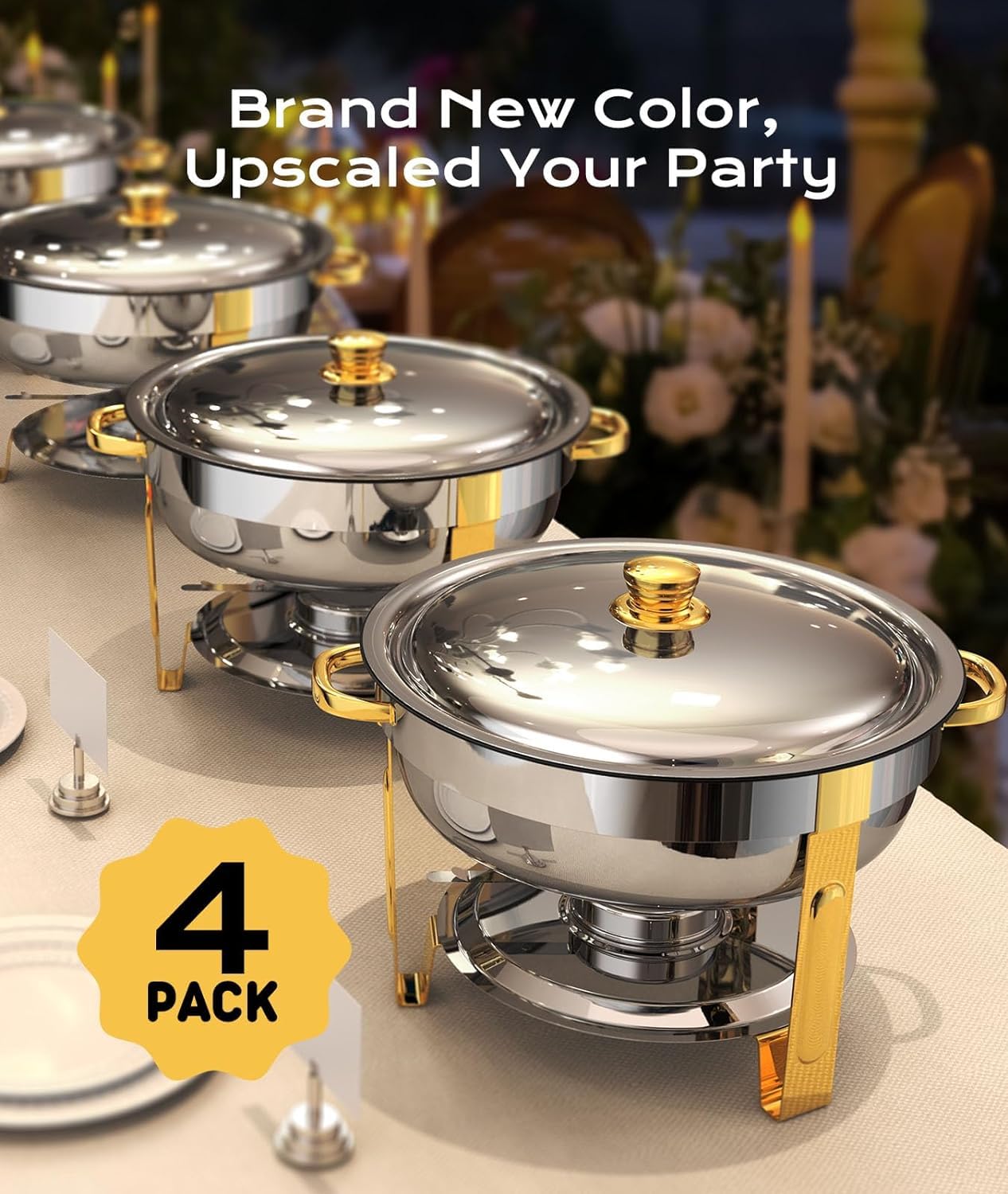 5QT Stainless Steel Chafing Dishes 4-Pack - Elegant Gold & Silver Buffet Warmers Set for Catering, Parties & Events | Complete Accessories Included | Perfect for Weddings, Banquets & Buffet Serving