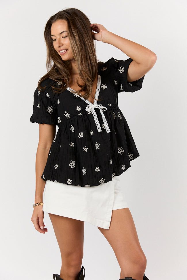 Elegant Black Embroidered Floral Bubble Hem Blouse for Women | Vintage Style Embroidered Top | Perfect for Date Night & Office Wear