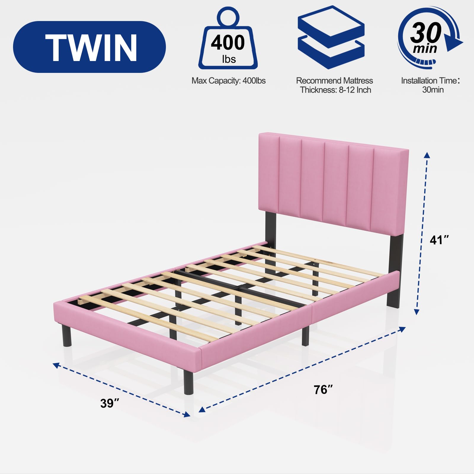 Lukace Twin Bed Frame with Upholstered Headboard - Sturdy Wood Platform Bed, No Box Spring Needed, Easy Assembly, Non-Slip & Noise-Free - Perfect for Kids Rooms, Guest Bedrooms & Small Spaces (Pink)