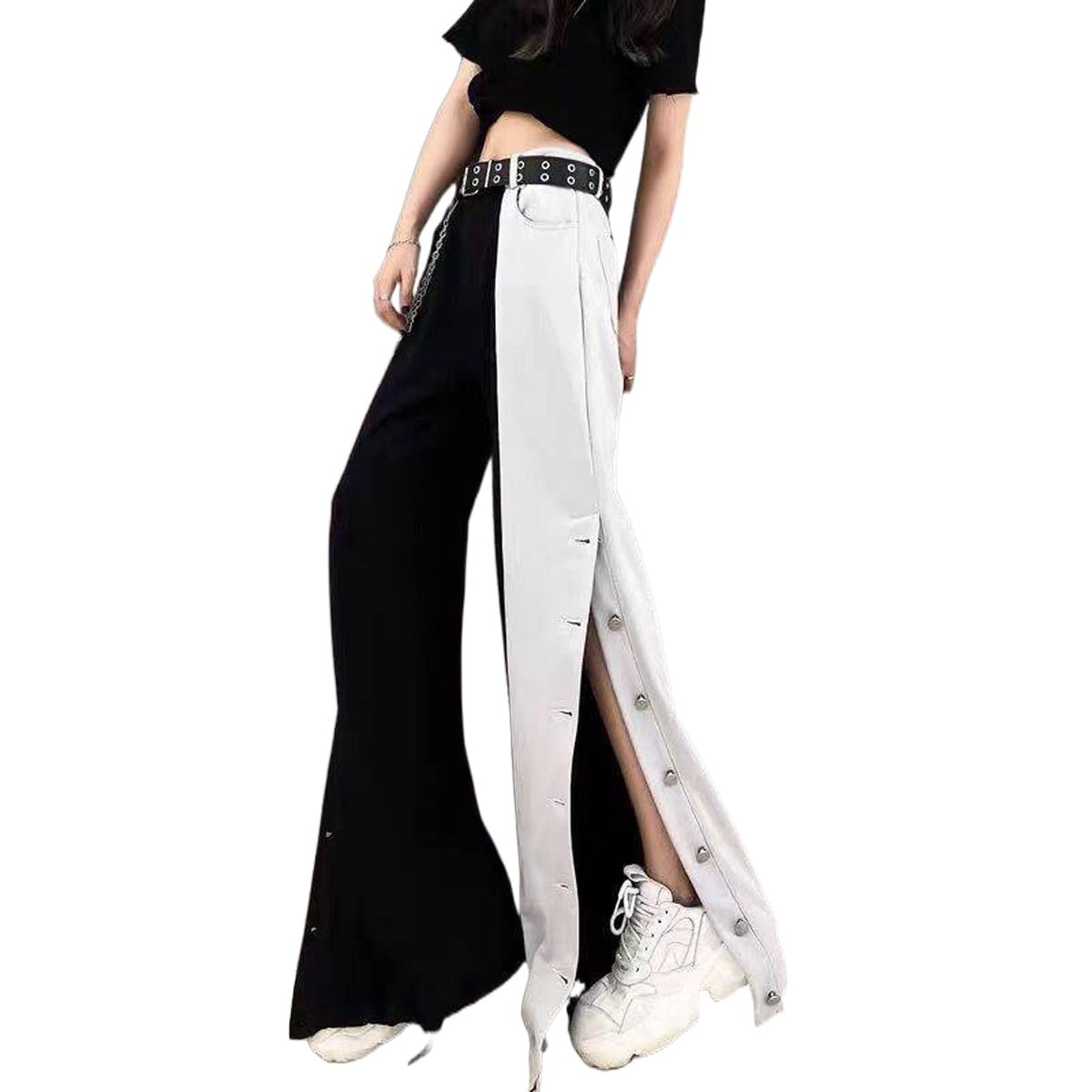 Gothic Pants for Women - High Waisted Straight Leg Trousers in Black & White | Harajuku Style Wide Leg Pants for Casual Wear, Street Fashion & Alternative Outfits