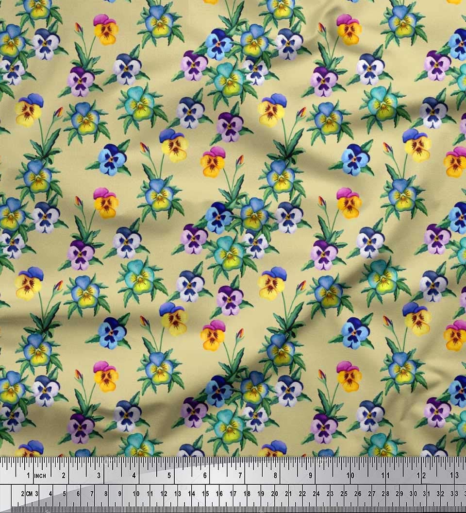 Soimoi 100% Cotton Poplin Fabric - Watercolor Leaves & Pansy Printed Decor Fabric - 56 Inch Wide by Yard - Perfect for Quilting, Dressmaking & Home Decor Projects