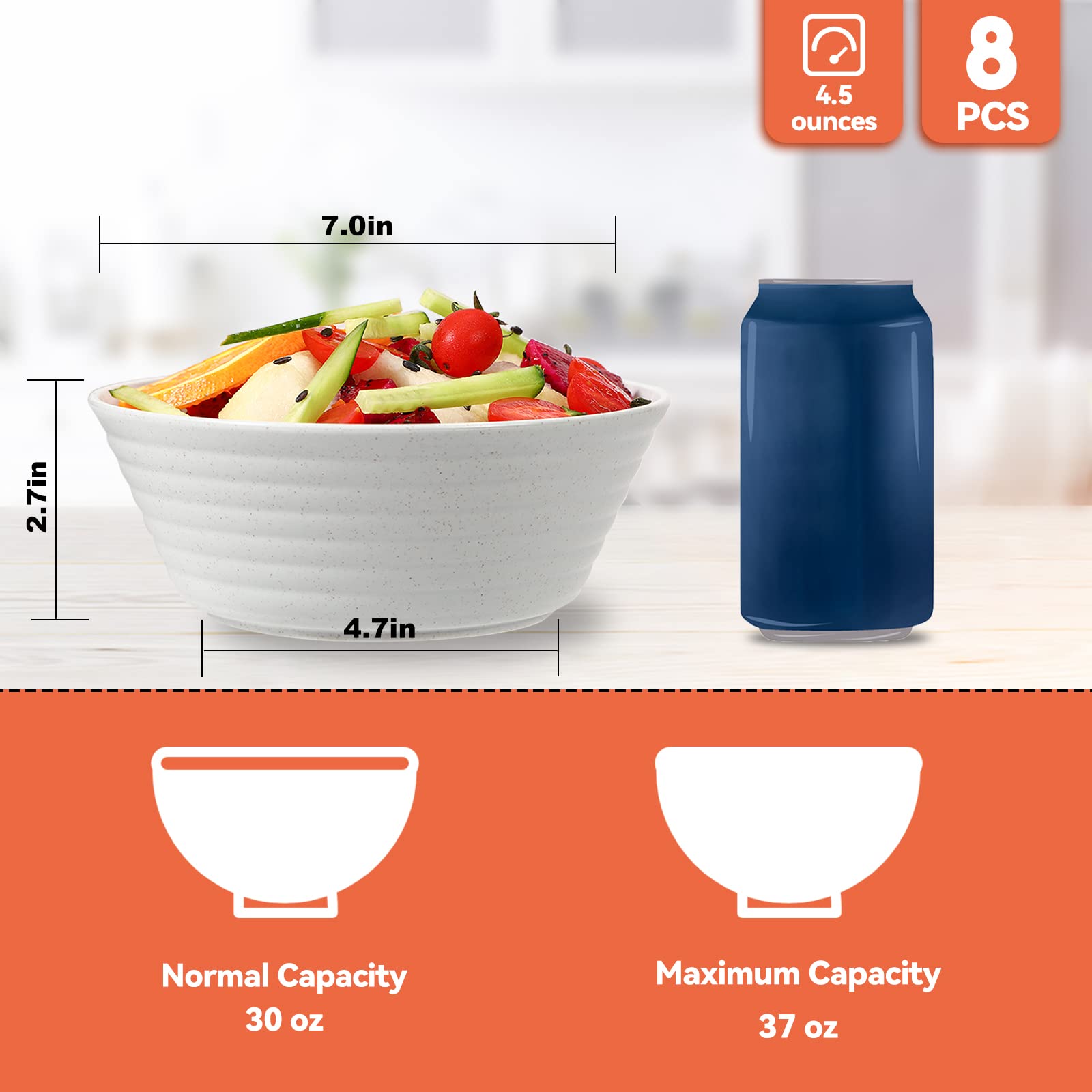 8-Pack Unbreakable Wheat Straw Cereal Bowls - 36oz Microwave & Dishwasher Safe Soup, Salad, Rice, Noodle, Oatmeal Bowls for Kitchen | Perfect for Family Meals, Camping & Dorm Use