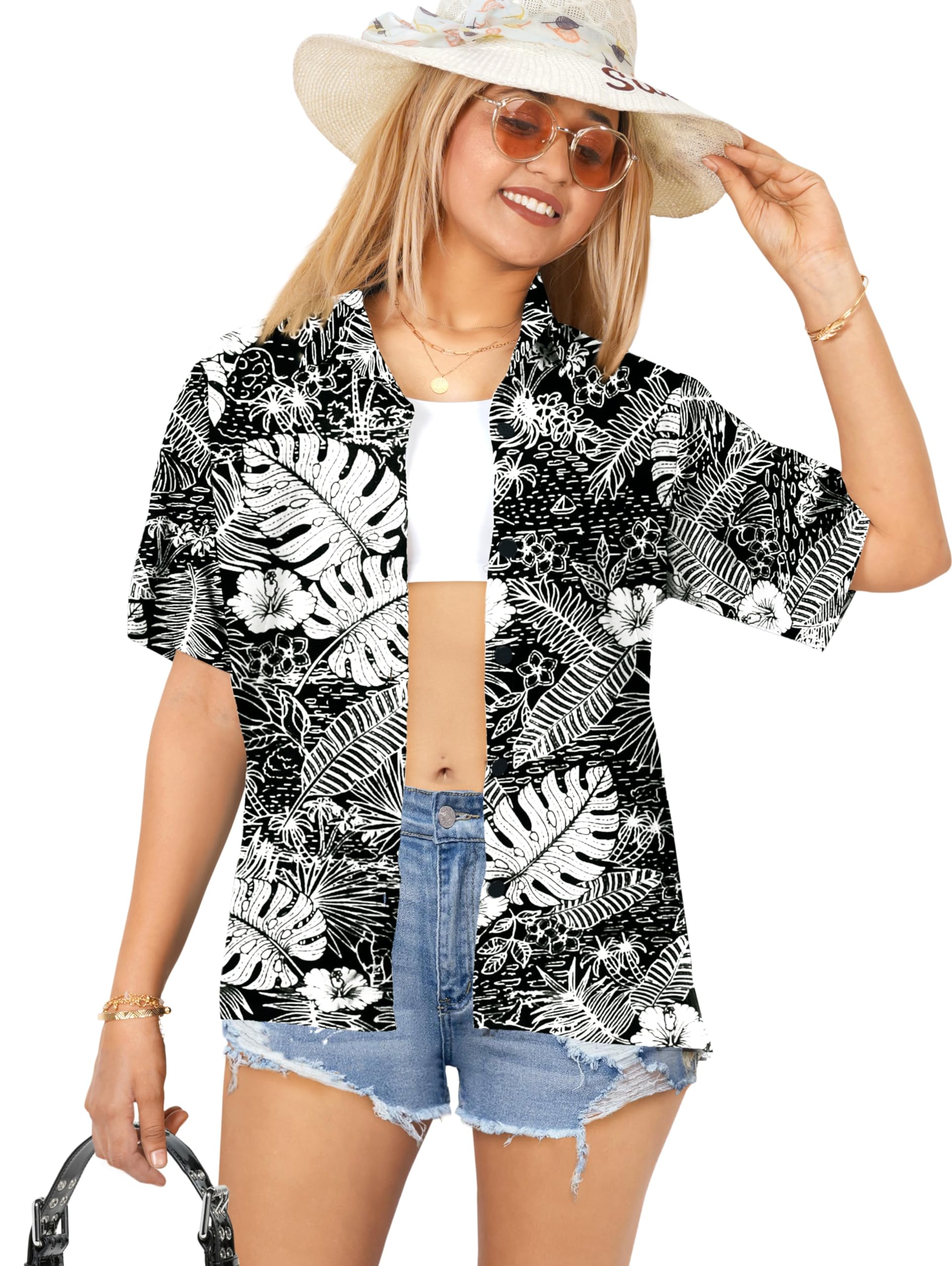 LA LEELA Women's Hawaiian Shirt - Floral Beach Short Sleeve Blouse for Summer Vacation, Pool Party & Tropical Getaway
