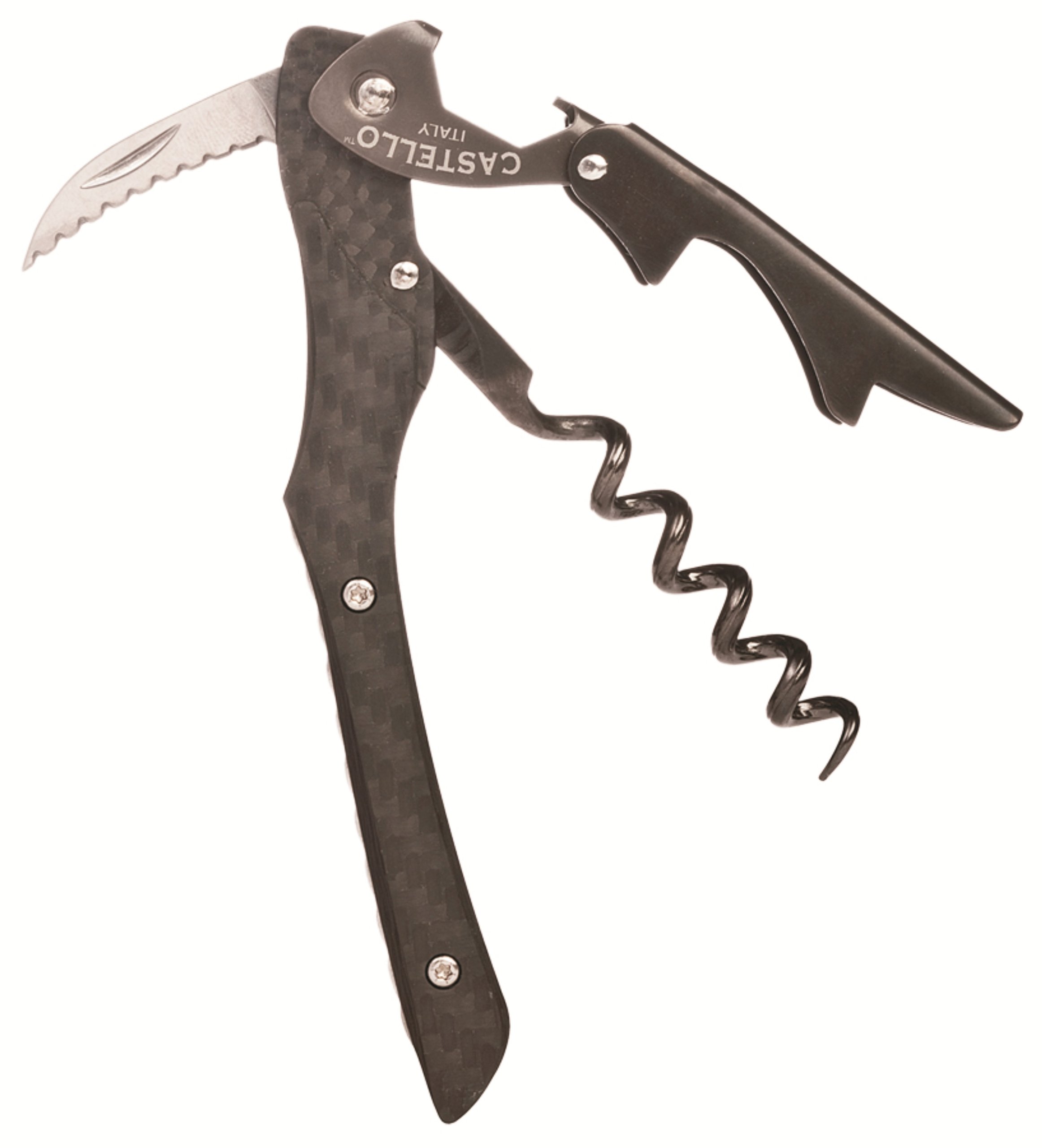 Premium Castello Carbon Fiber Waiter's Corkscrew with Genuine Leather Pouch - Elegant Wood Gift Box - Perfect for Wine Lovers, Sommeliers & Restaurant Professionals