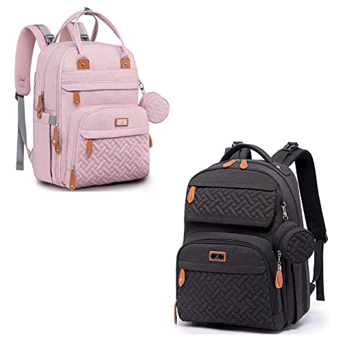 BabbleRoo Waterproof Diaper Bag Backpack - Multifunctional Baby Changing Bag with Insulated Pockets, Stroller Straps & Pacifier Case - Perfect for Travel, Daycare & On-the-Go Parents (Pink & Black)