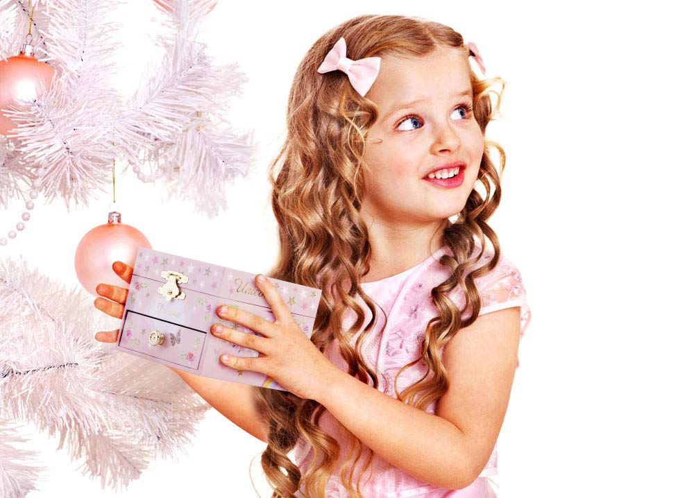 RR ROUND RICH DESIGN Unicorn Musical Jewelry Box for Girls - Pink Jewelry Storage with Drawer & Jewelry Set, Plays 'Over the Waves' Melody - Perfect Gift for Birthdays, Christmas & Room Decor