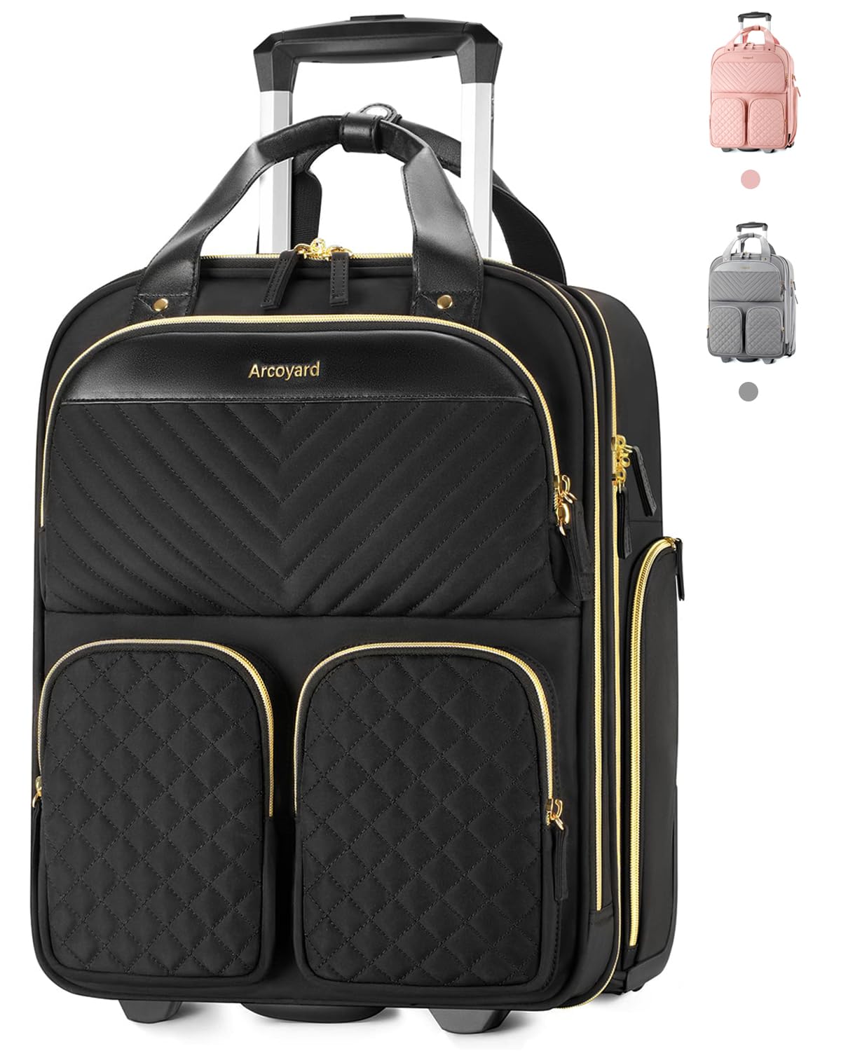 Airline Approved Underseat Carry On Luggage with Wheels - Lightweight Rolling Suitcase with Multiple Compartments & Leather Handle - Perfect Personal Item Bag for Women in Black Gold (Size L) - Ideal for Business Travel, Weekend Getaways & Airplane Cabins
