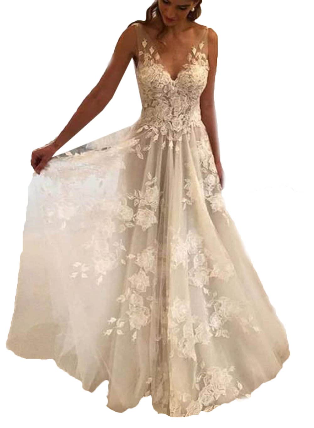 Elegant Vintage Beach Wedding Dress for Bride - A-Line Backless Lace Summer Gown Plus Size Women's Bridal Dress | Perfect for Beach, Garden & Outdoor Ceremonies