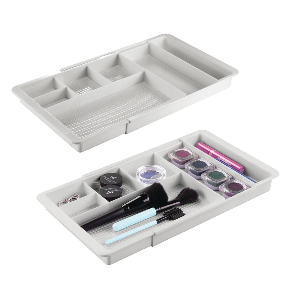 mDesign Expandable Plastic Drawer Organizer Set of 2 - Light Gray Storage Bins for Cosmetics, Makeup & Accessories - Bathroom Vanity, Countertop & Cabinet Organizer - Lumiere Collection - Perfect for Bedroom, Office & Closet Storage Solutions