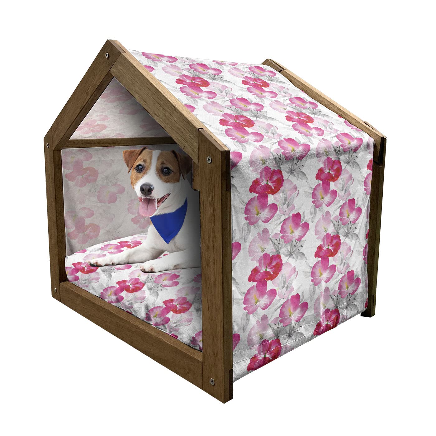 Ambesonne Floral Wooden Dog House - Watercolor Poppy Flowers Design, Indoor & Outdoor Portable Pet Kennel with Pillow & Cover, Medium Size in Magenta Pink Grey - Perfect for Backyard, Patio or Living Room Pet Shelter