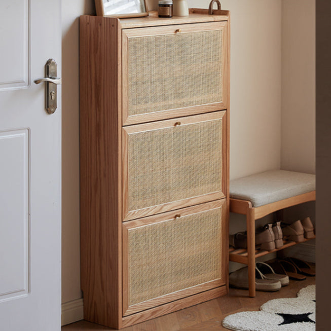 Oak Solid Wood Ultra Thin Flap Door Rattan Shoe Cabinet - Space Saving Entryway Storage Organizer for Hallway, Closet & Mudroom
