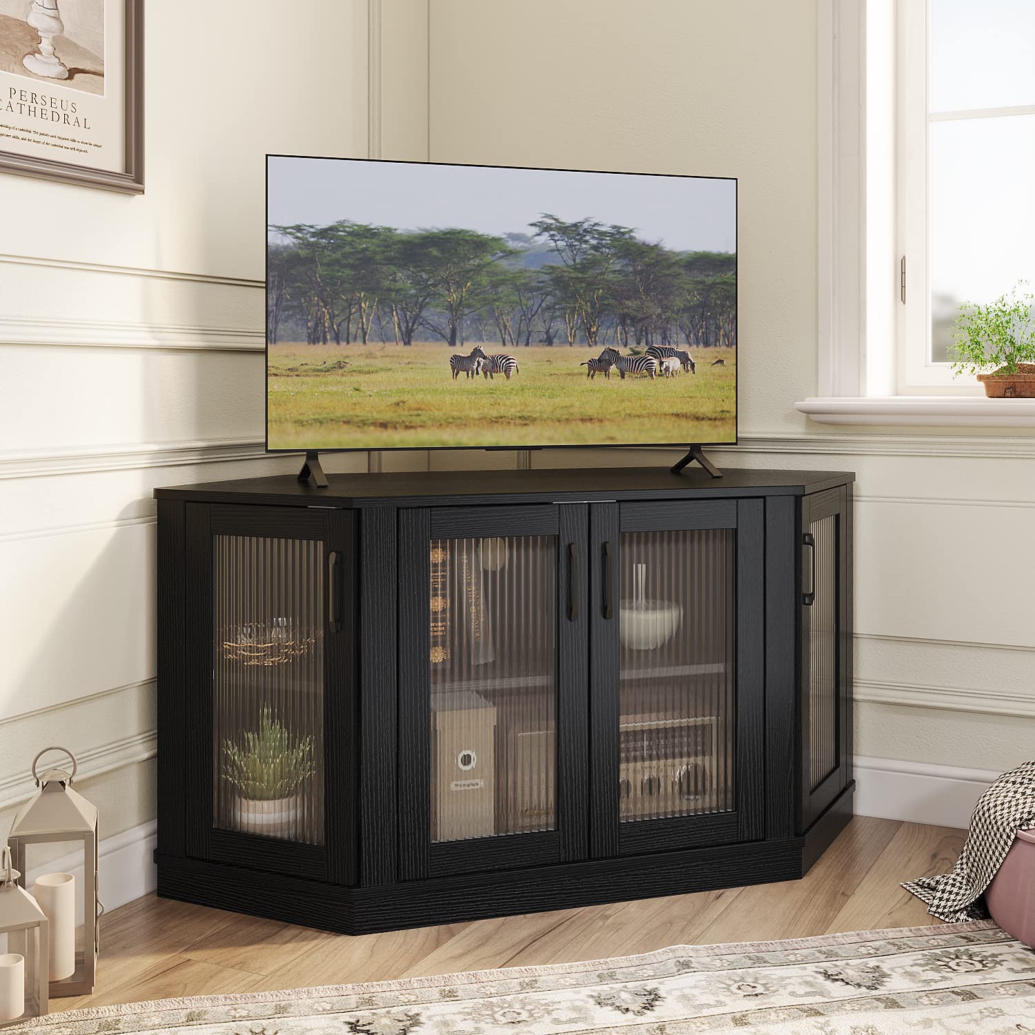 Panana 47 Inch Corner TV Stand with 4 Doors & Shelves - Modern Black Entertainment Center for TVs up to 51 Inch, Living Room Storage Cabinet for Gaming Consoles, Books & Decor - Perfect for Small Spaces & Apartment Living