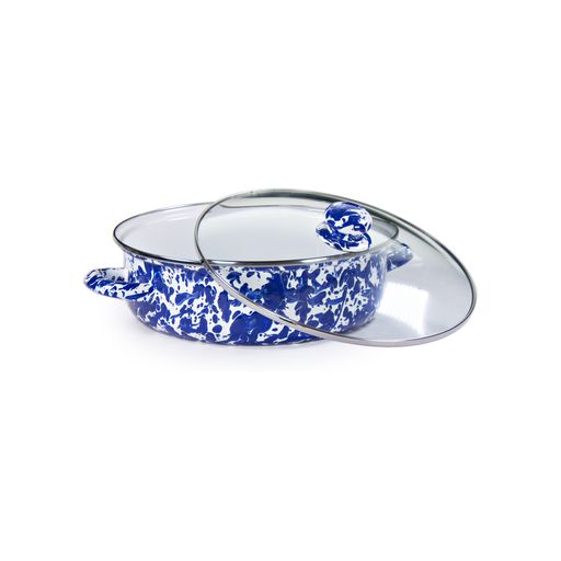 3 Quart Cobalt Blue Swirl Enamelware Saute Pan - Nonstick Ceramic Coating, Oven & Stovetop Safe - Perfect for Searing, Frying & Cooking Pasta