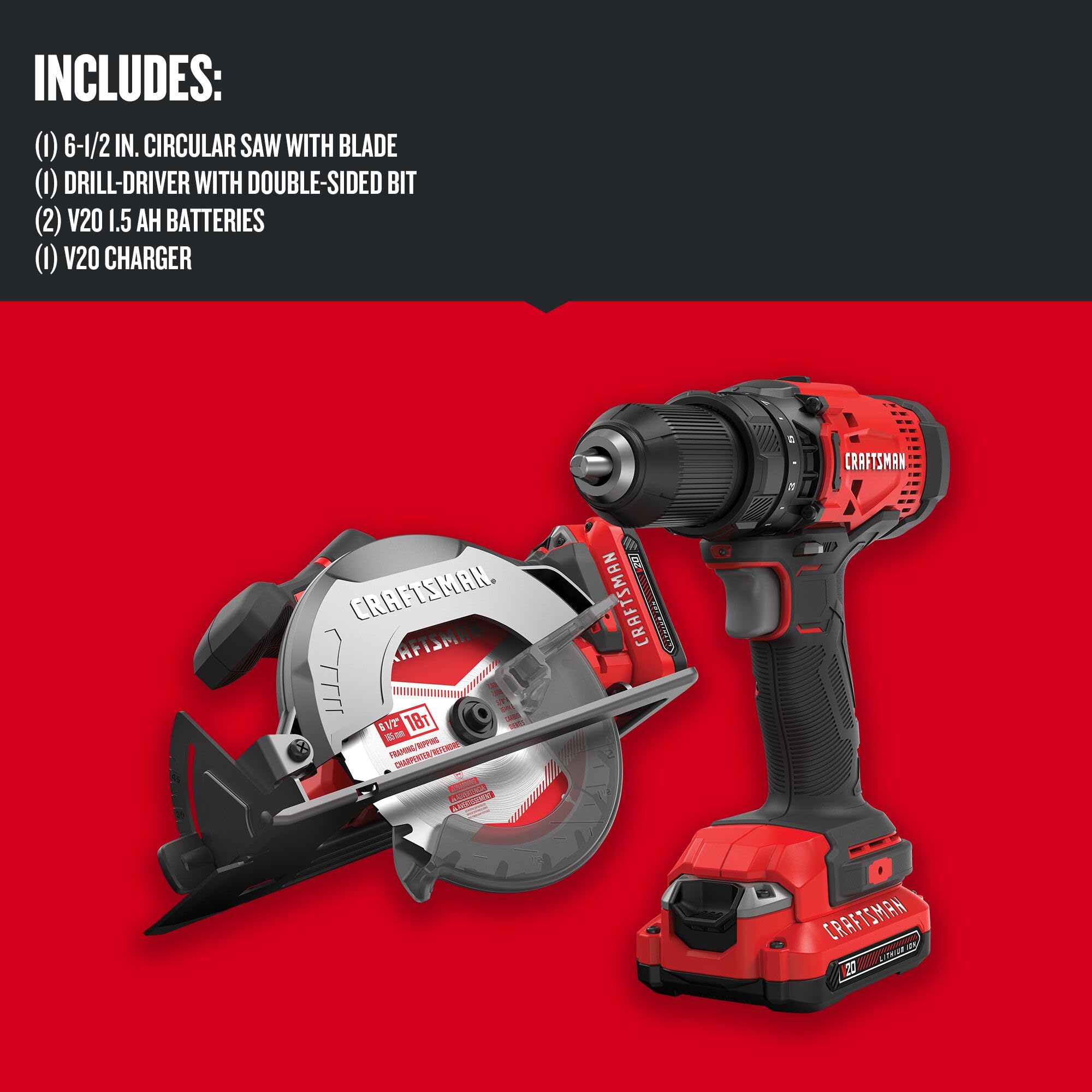CRAFTSMAN V20 Cordless Power Tool Combo Kit - Drill/Driver, Circular Saw, 2 Batteries & Charger (CMCK202C2) | Perfect for DIY Projects, Home Repairs & Woodworking