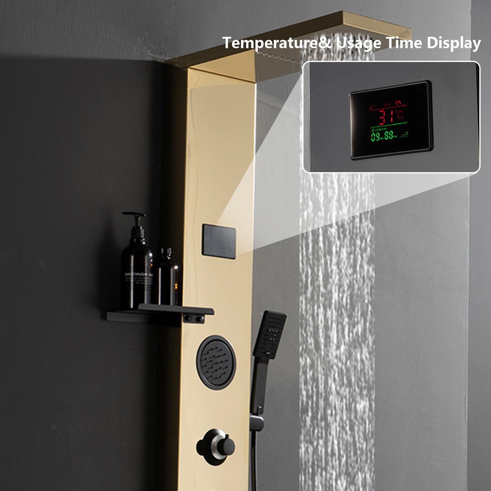 Premium LED Gold Shower Tower System - 304 Stainless Steel Shower Panel with Storage Shelf, Rainfall Shower Head & Massage Body Jets - Luxury Waterfall Bathtub for Modern Bathroom & Lavatory (Perfect for Spa-Like Relaxation & Elegant Home Upgrade)