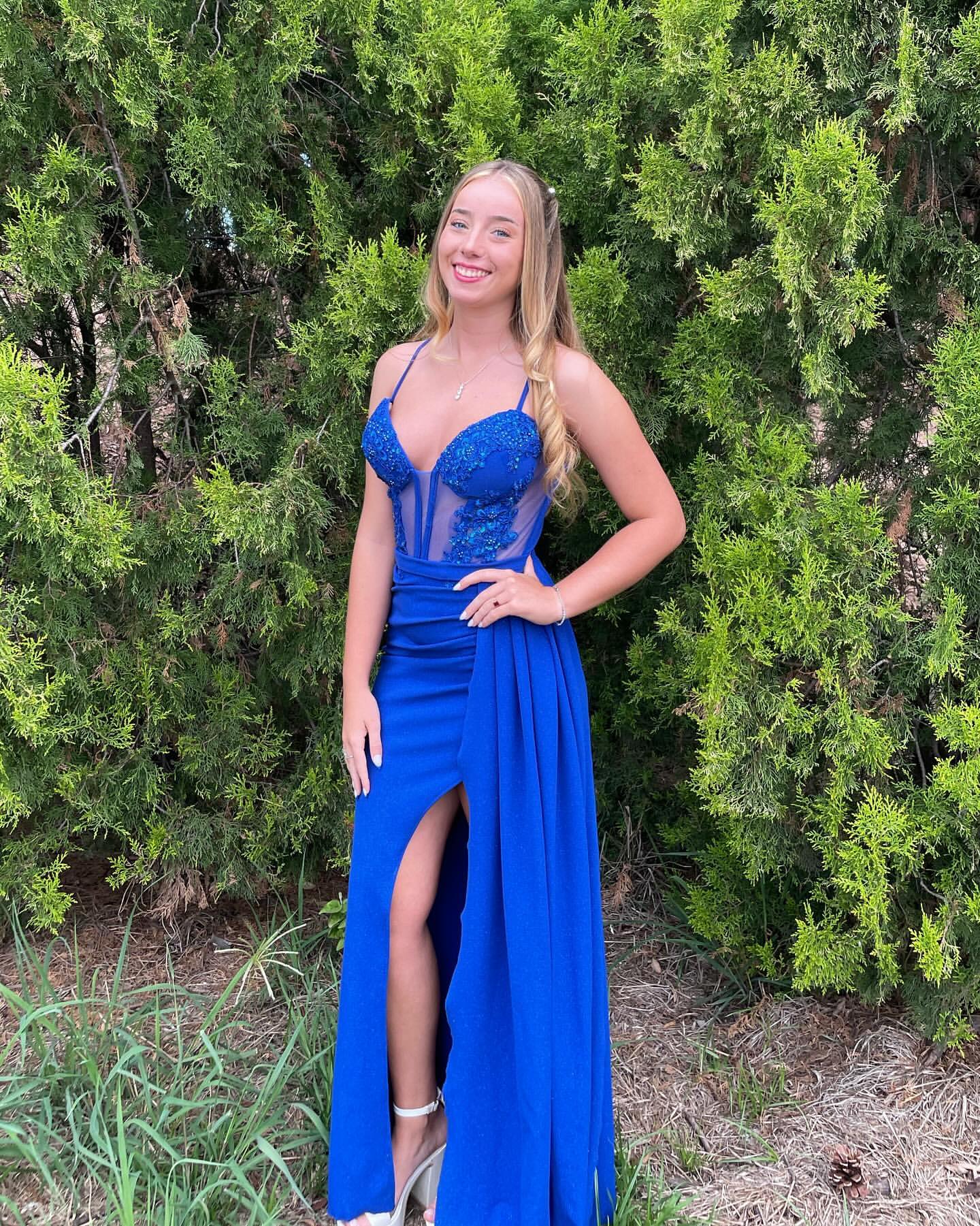 Elegant Blue Slit Prom Dress for Women - Formal Evening Gown with High Side Slit for Party, Homecoming, Cocktail Events | Style J5908