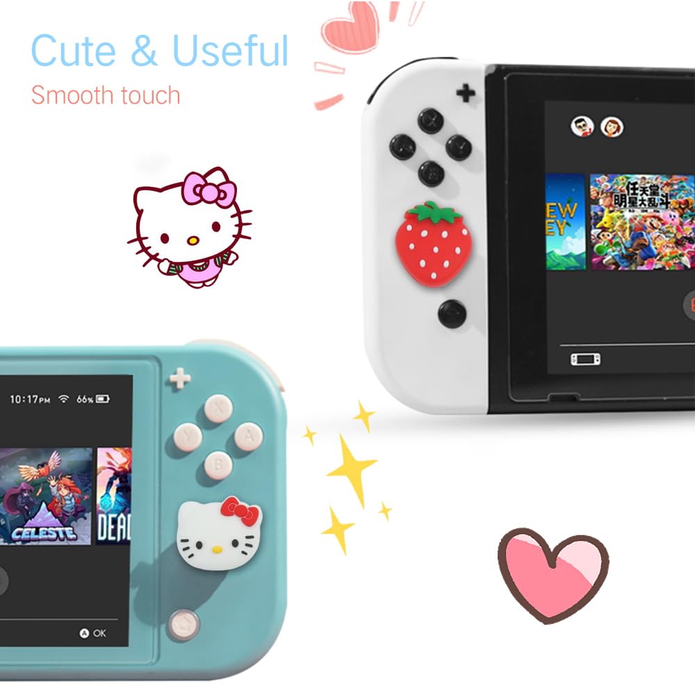 PERFECTSIGHT Switch Thumb Grips Caps - 4 PCS Cute Kitty Joystick Covers for Nintendo Switch Lite/OLED - Analog Stick Button Protectors for Joycon Controllers (Strawberry Design) | Enhance Gaming Comfort & Prevent Wear for Long Play Sessions