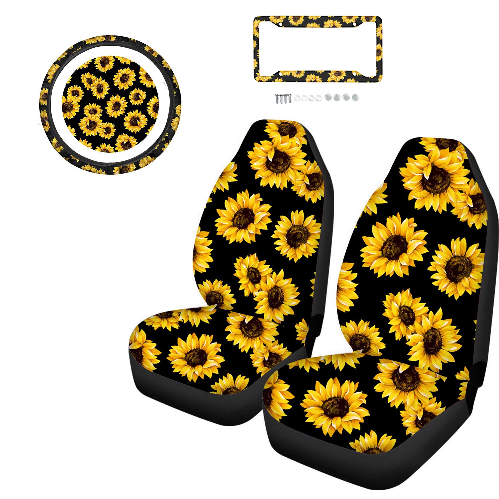 Universal Sunflower Printed Car Steering Wheel Cover & Seat Covers Set (4-Piece) with License Plate Frame & Screws - Soft & Non-Slip for Comfort Driving - Perfect for Sedans, SUVs & Trucks