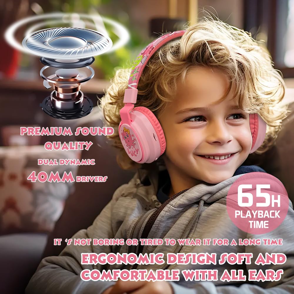 MIDOLA Kids Wireless Bluetooth Headphones with Volume Limit (85dB/110dB) - Foldable Over-Ear Headset with Mic & AUX Cord for Boys & Girls - Safe for School, Tablet, Phone, Travel & Home Use (Cartoon Pink)