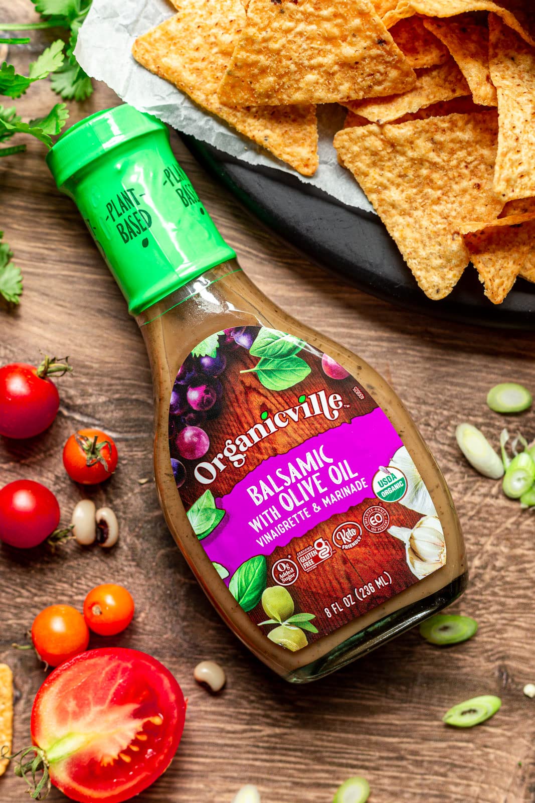 Organicville Organic Balsamic Vinaigrette with Olive Oil - Gluten Free, Vegan, Keto, Paleo & Whole30 Approved Salad Dressing & Marinade - No Added Sugar, 8 Oz Bottle - Perfect for Salads, Grilled Vegetables & Meat Marinades