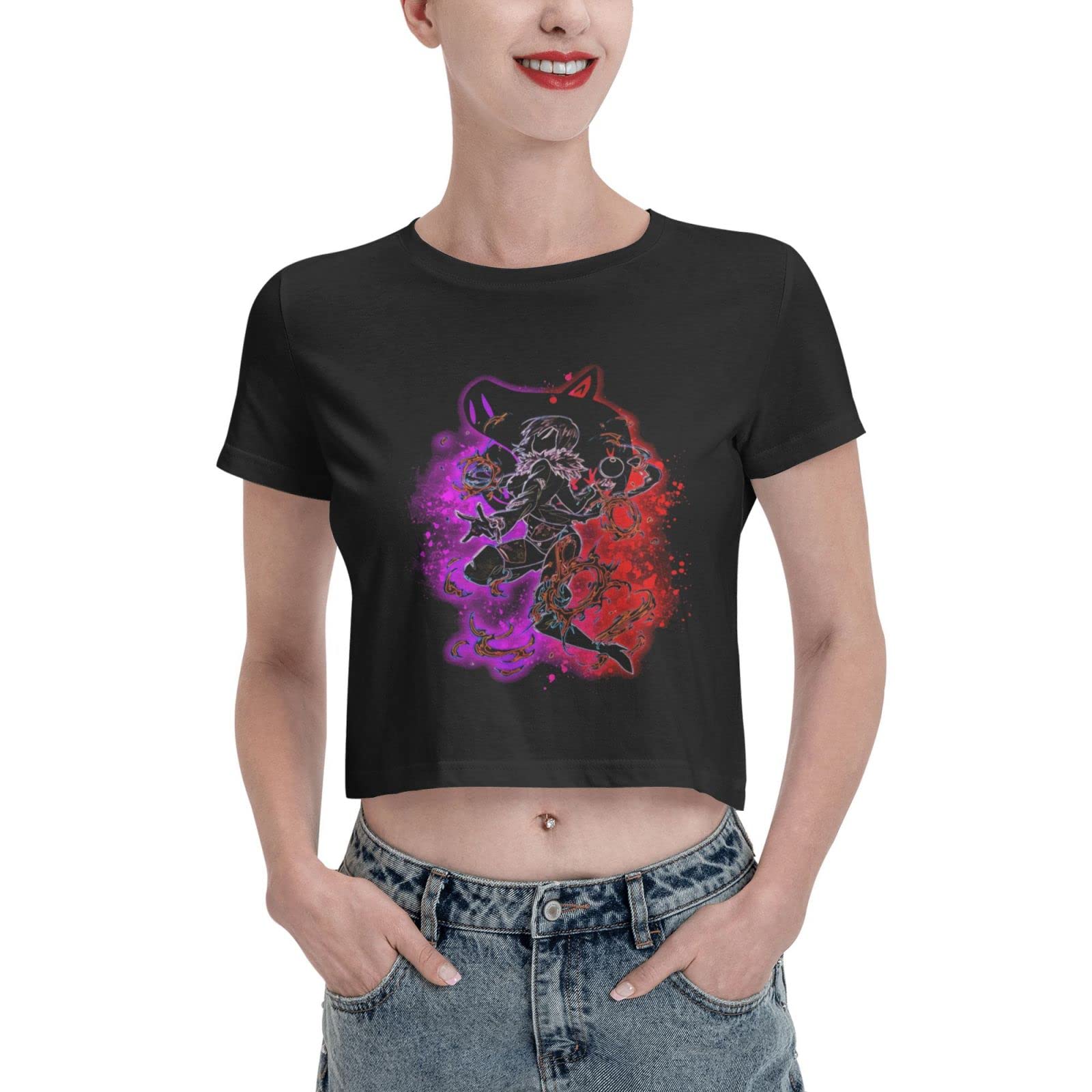 The Seven Deadly Sins Anime Merlin Graphic T-Shirt - Women's Fashion Summer Short Sleeve Tee with Unique Navel Design (Black) - Perfect for Cosplay, Anime Conventions & Casual Wear