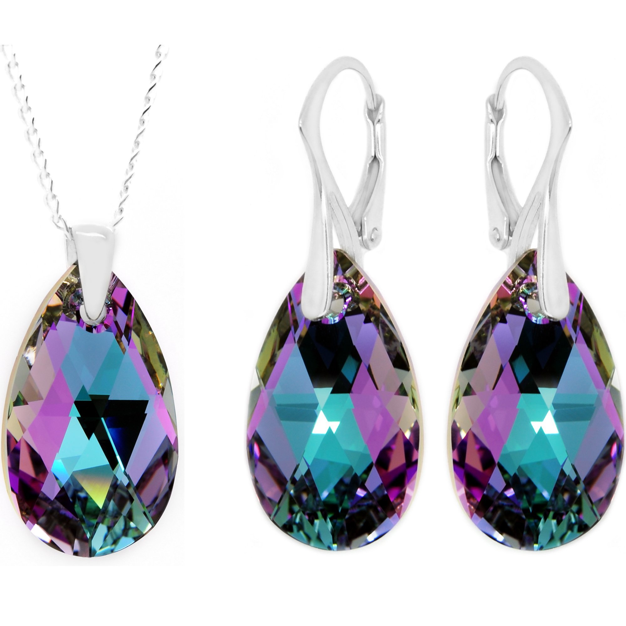 925 Sterling Silver Pink & Blue Crystal Imitation Pendant Necklace and Earrings Set, 18
