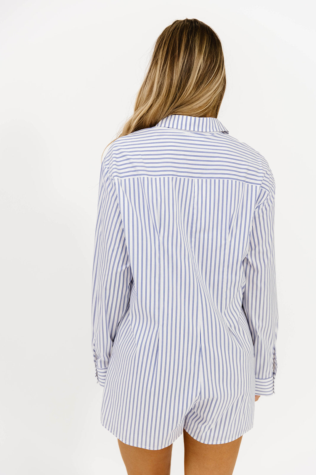 Etta Oversized Striped Shirt Romper for Women - Blue Casual Jumpsuit with Pockets | Perfect for Beach, Vacation & Summer Outfits