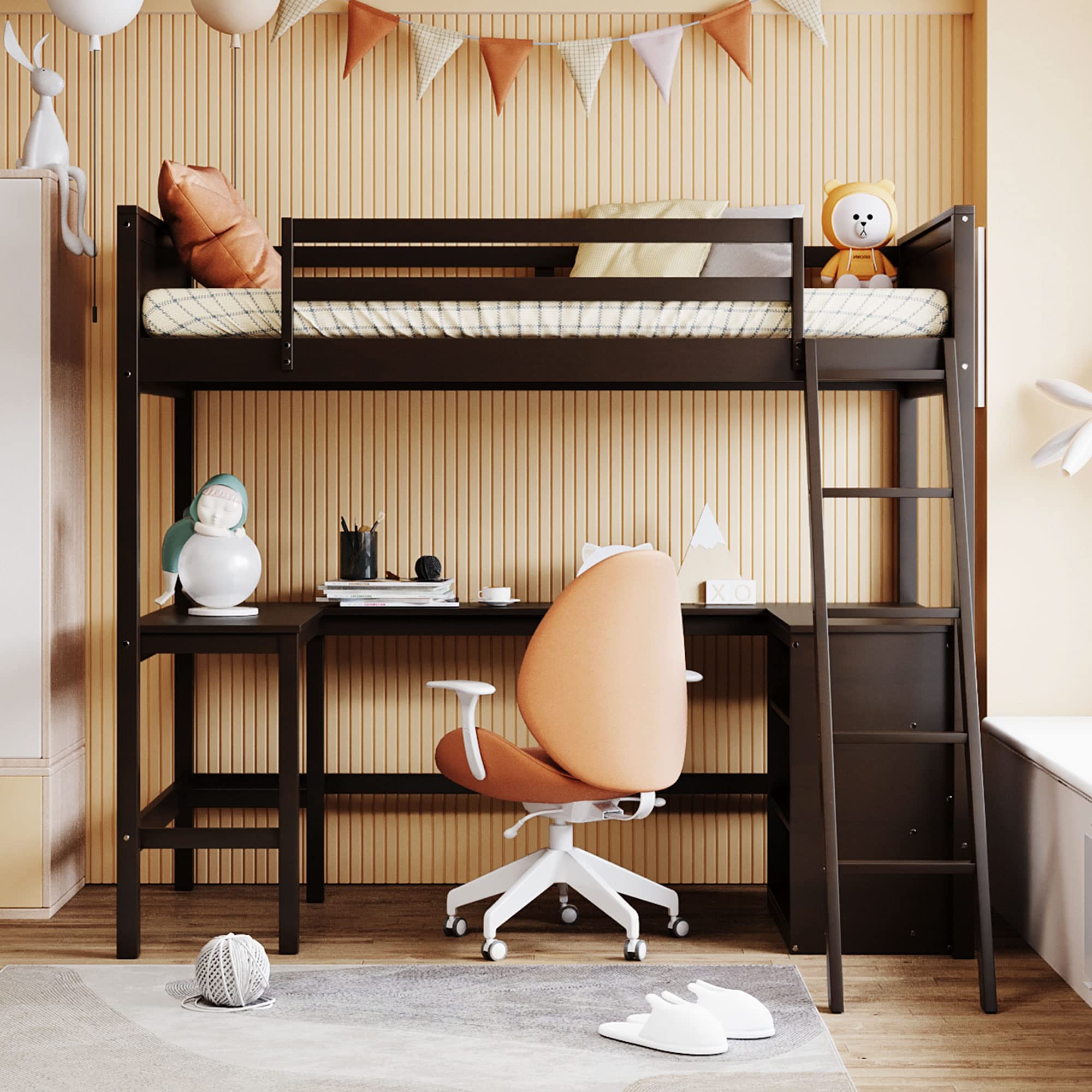 SOFTSEA Twin Loft Bed with Desk & Storage - Wooden Bunk Bed Frame with Shelves for Kids, Teens, Boys & Girls - Perfect for Dorm Rooms, Small Spaces & Bedroom Organization - Espresso Finish