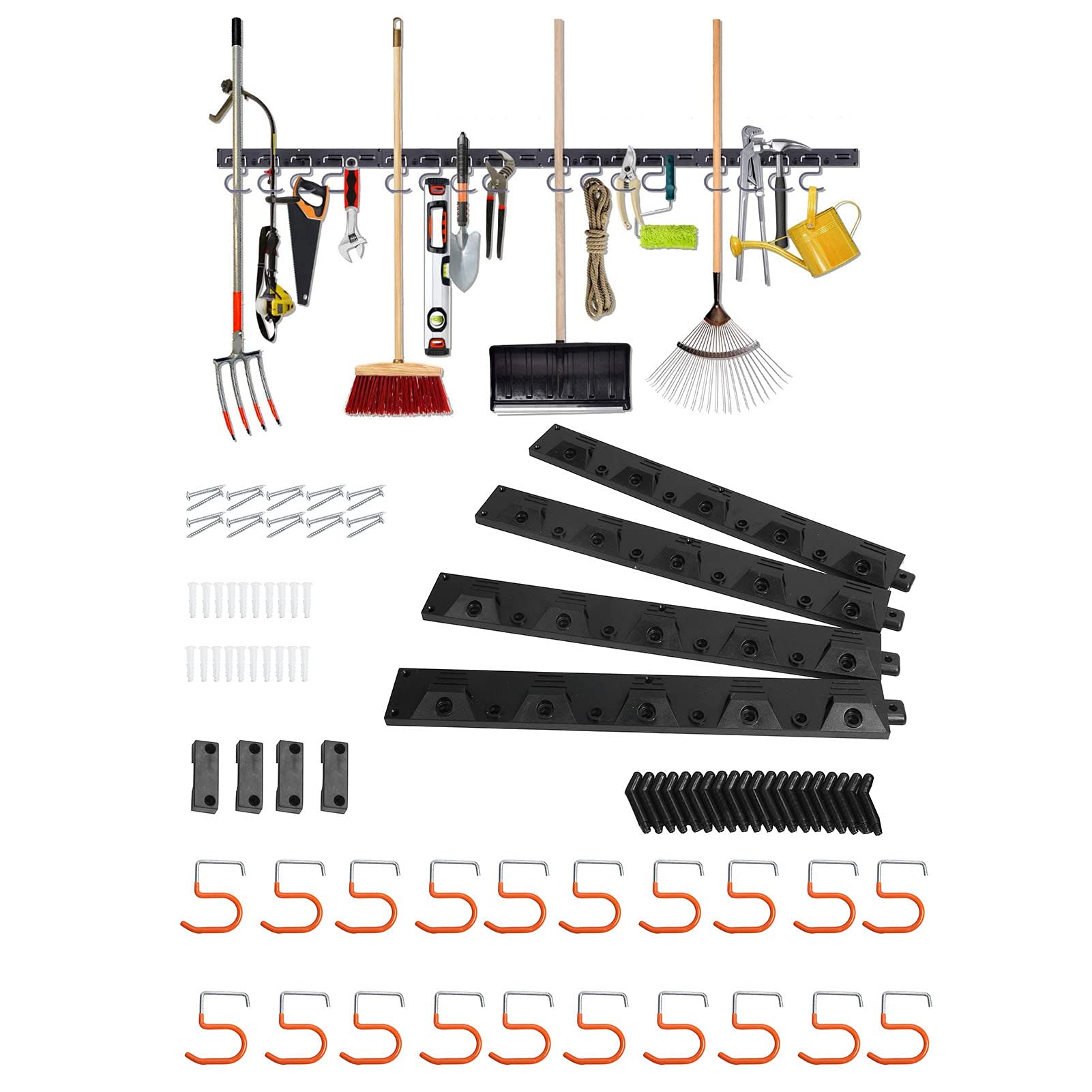 64 Inch Heavy Duty Metal Wall Mounted Tool Storage Rack with Single Hook - Garage & Home Organization System - Steel Gear Hooks for Garden Tools, Workshop Equipment & Wall Organizer - Perfect for DIY Projects, Garage Storage & Workshop Organization