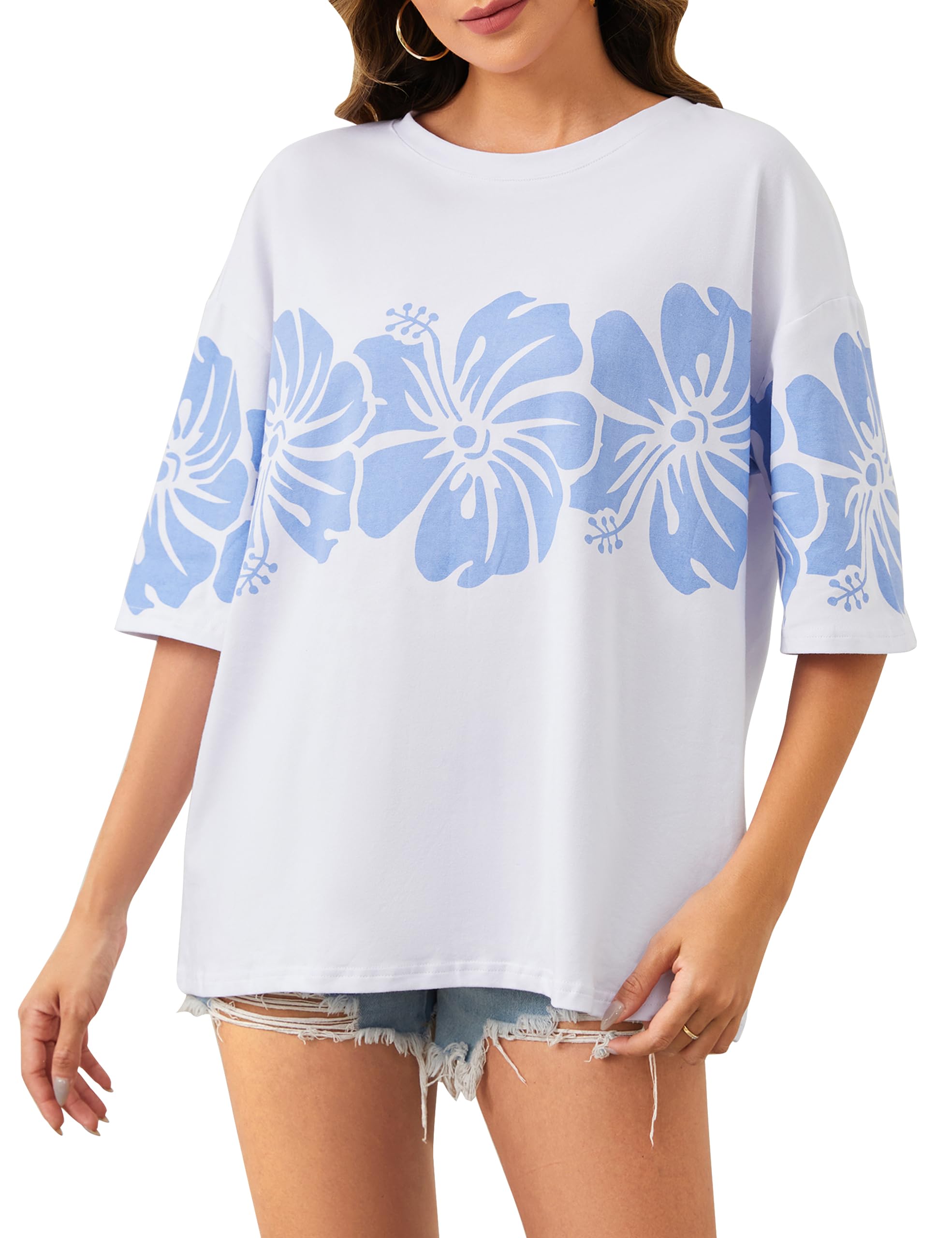 Oversized Hibiscus Floral Graphic T-Shirt for Women - Soft Cotton Crewneck Tee with Hawaiian Flower Design | Perfect for Casual Wear, Beach Outfits & Summer Fashion