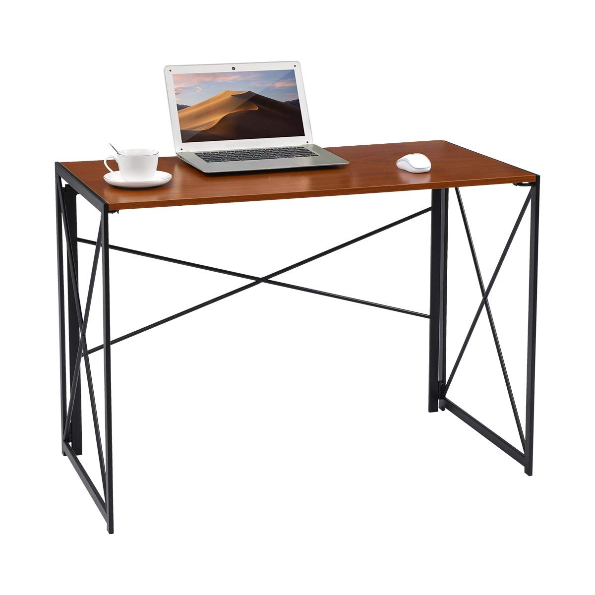 Modern Industrial Writing Computer Desk - Simple Study Desk with Walnut Brown Top & Black Frame, Folding Laptop Table for Home Office, Dorm Room, Small Spaces | Compact Workspace Solution for Students & Professionals