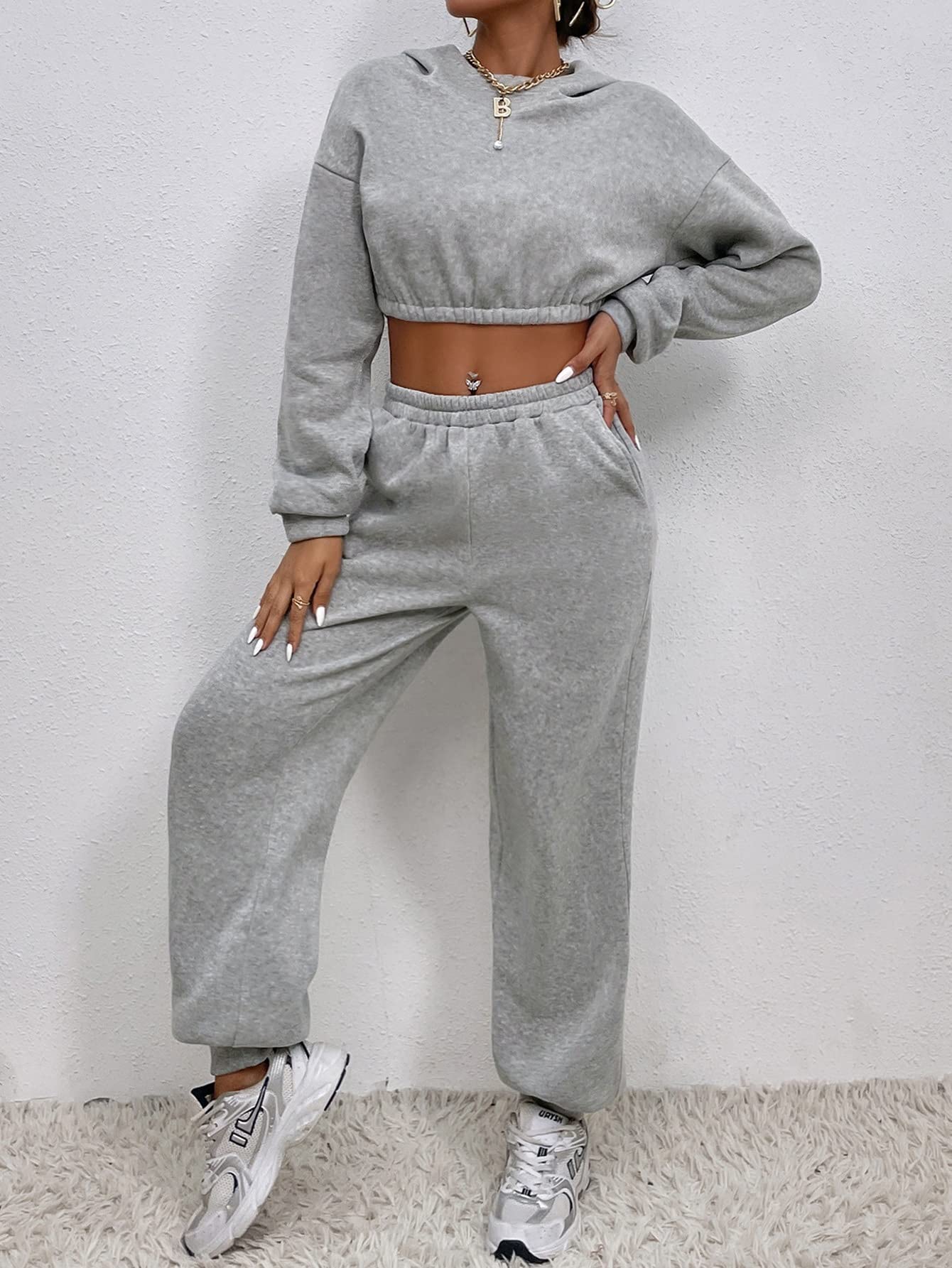 XENIS Women's Casual 2 Piece Set - Drop Shoulder Crop Hoodie & High Waist Sweatpants Outfit | Soft Lounge Wear for Yoga, Running & Street Fashion
