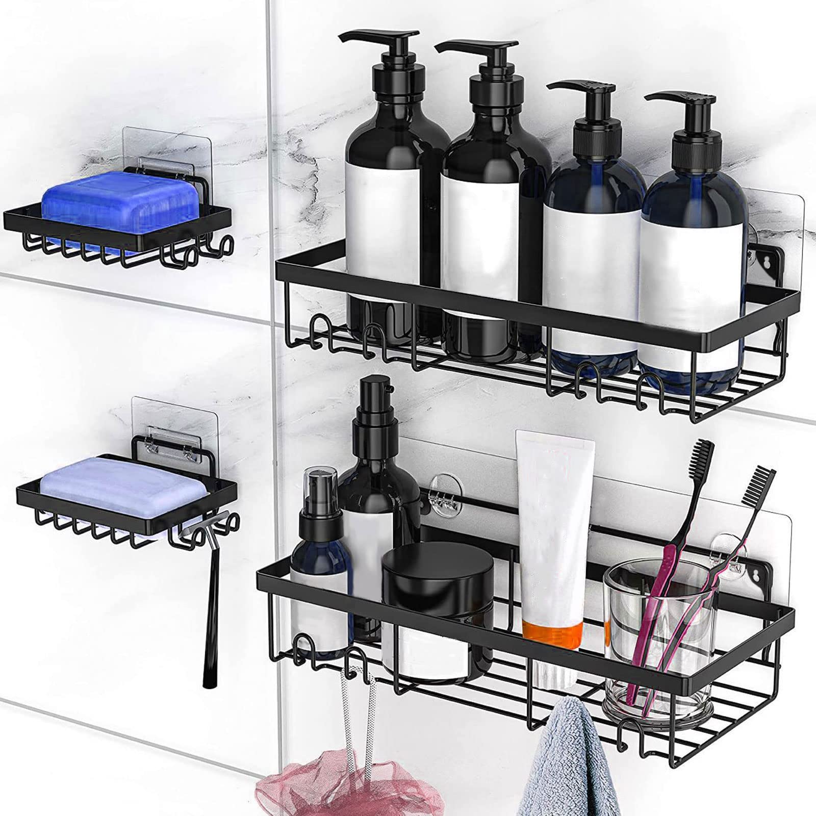**2-Pack No Drill Wall Mount Shower Caddy Shelf Organizer with 2 Soap Dishes & 4 Hooks - Adhesive Bathroom Storage for Shower Accessories - Perfect for Small Spaces, Apartments, and Dorm Showers**