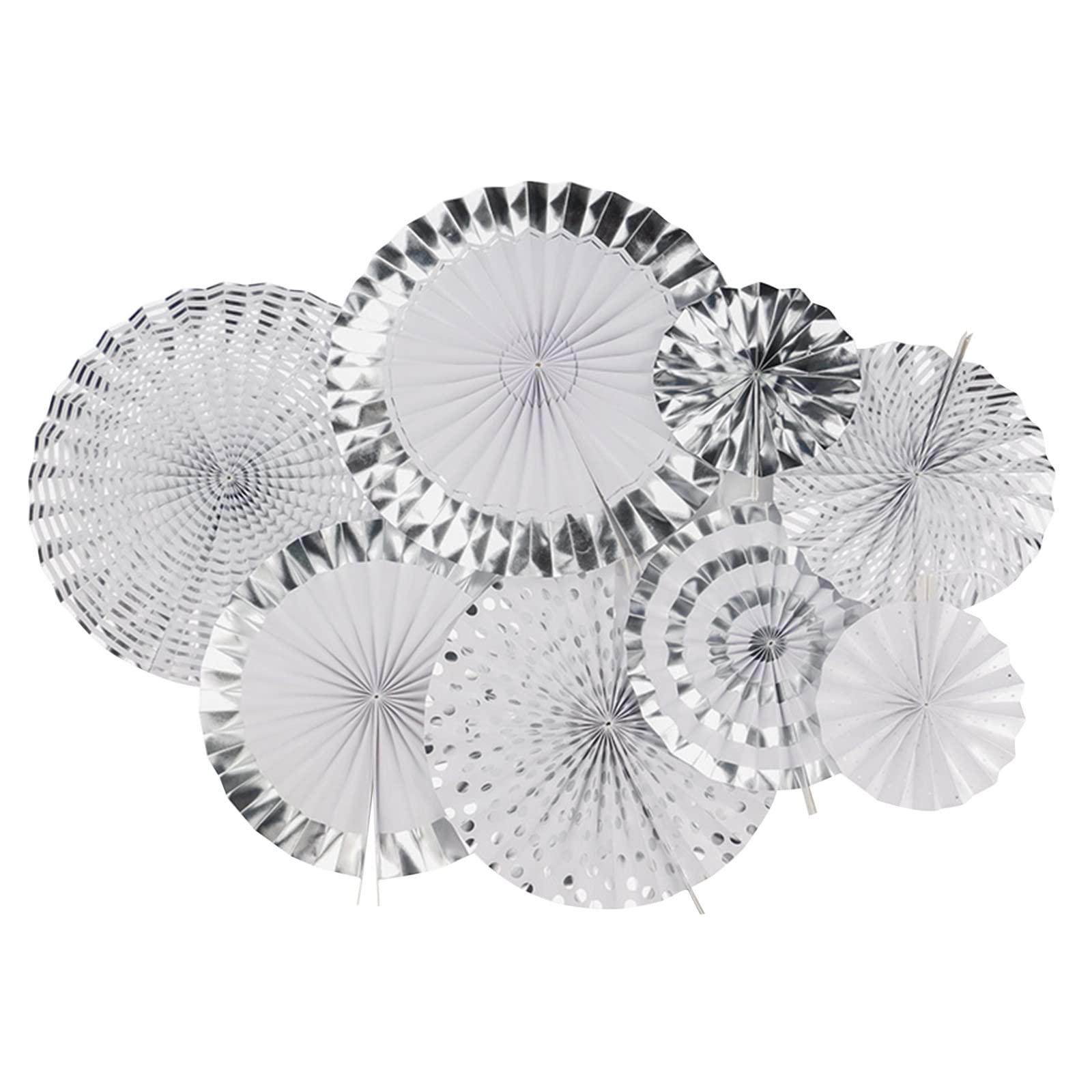 Silver Round Pattern Hanging Paper Fans & Black Paper Lanterns Party Decor Set of 6 - Perfect for Birthday, Baby Shower, Graduation, Retirement Celebrations - Elegant Home & Event Decoration