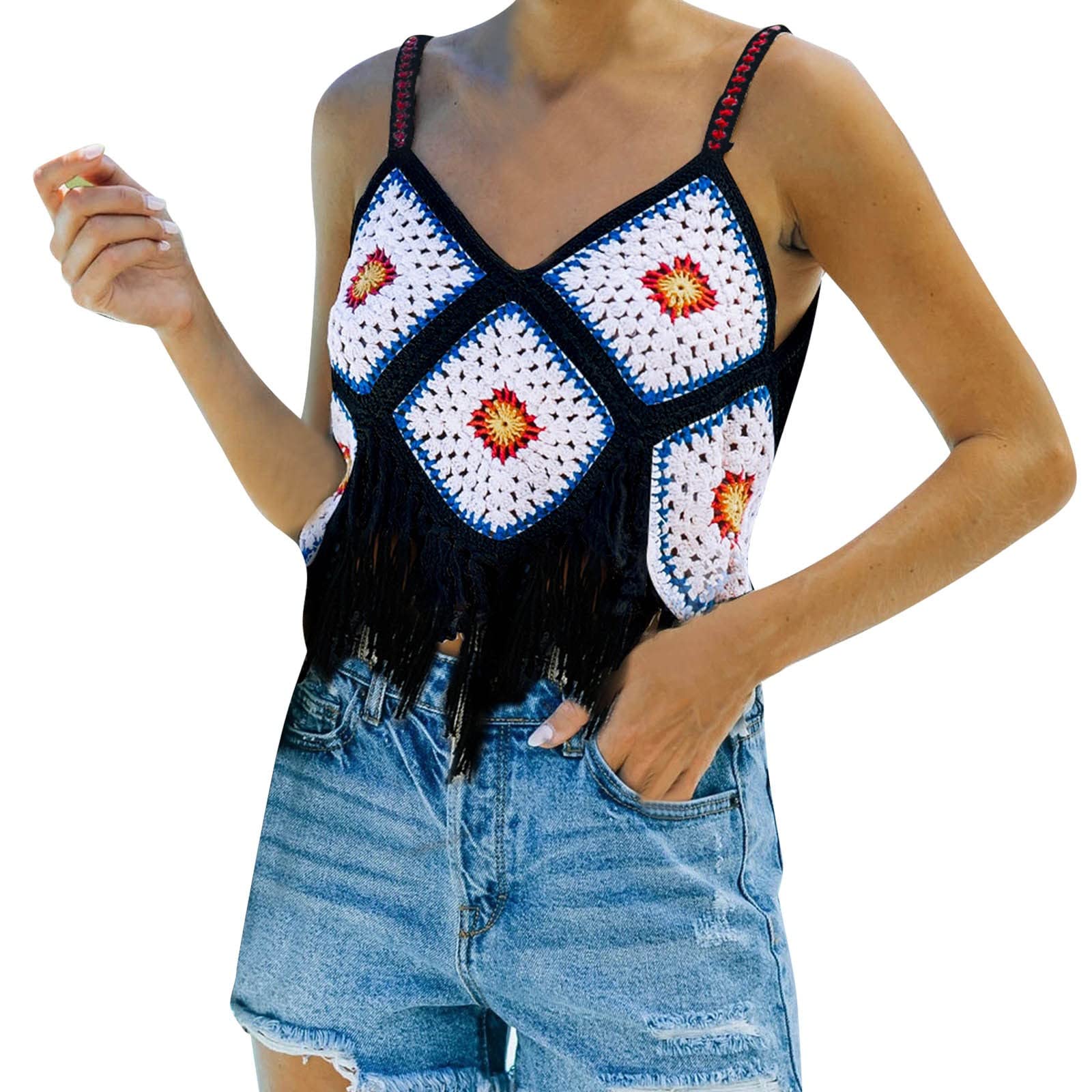 Women's Vintage Knit Crochet Tank Top - Halter Neck Tassel Sleeveless Cropped Vest Cami - Summer Beachwear & Bikini Cover Up for Pool Party, Vacation, and Casual Outings