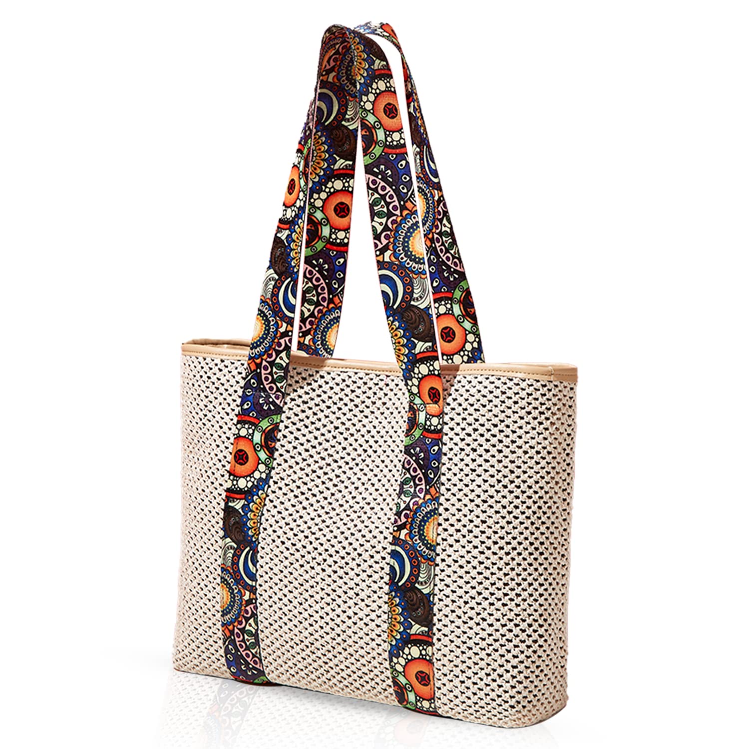 Stylish Straw Beach Bag for Women - Handmade Woven Rattan Tote with Canvas Shoulder Strap | Perfect for Vacation, Summer Outings & Poolside Relaxation