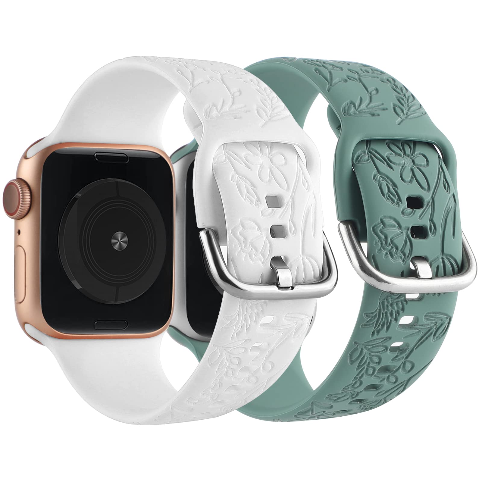 2 Pack Floral Engraved Sport Strap - Compatible with Apple Watch 38mm 40mm 41mm, Soft Silicone Replacement Band for iWatch Series 8/7/6/5/4/3/2/1/SE - Women's Fashion Wristband for Workout, Running & Daily Wear