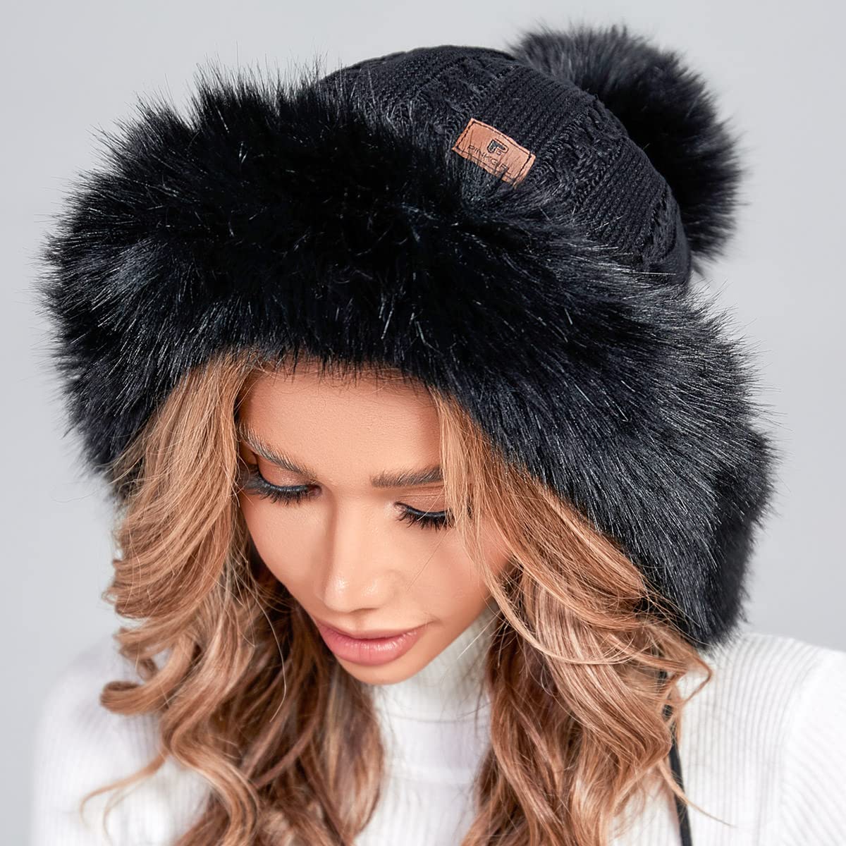 PINKGIRL Women's Faux Fur Winter Knit Beanie Hat with Ear Flaps - Fleece Lined Warm Skull Cap with Pom Pom for Skiing, Snowboarding & Outdoor Activities