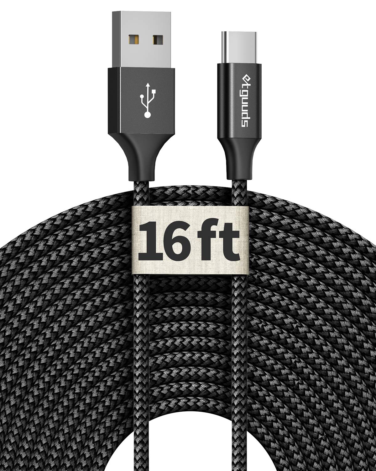 etguuds 16ft/5m Extra Long USB C to USB A 2.0 Fast Charging Cable - Braided Nylon Cord for iPhone 16/15 Pro Max/Plus, Samsung Galaxy Note, LG, Moto, Pixel, Nintendo Switch - Black | Perfect for Home, Office & Travel Charging