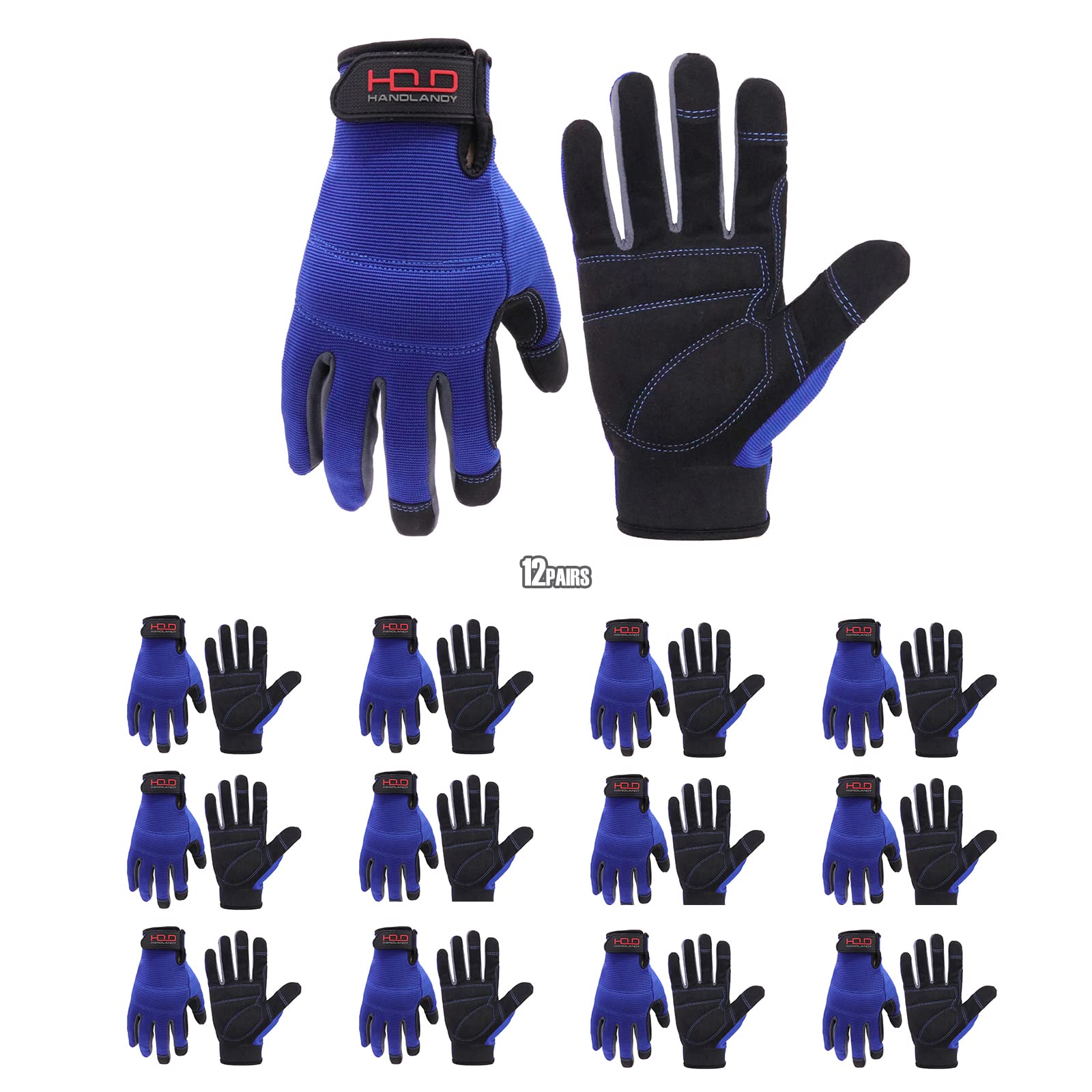 HANDLANDY 12-Pack Bulk Work Gloves for Men - Touchscreen Compatible, Flexible & Breathable Utility Gloves with Padded Knuckles & Palm - Ideal for Construction, Gardening, and DIY Projects