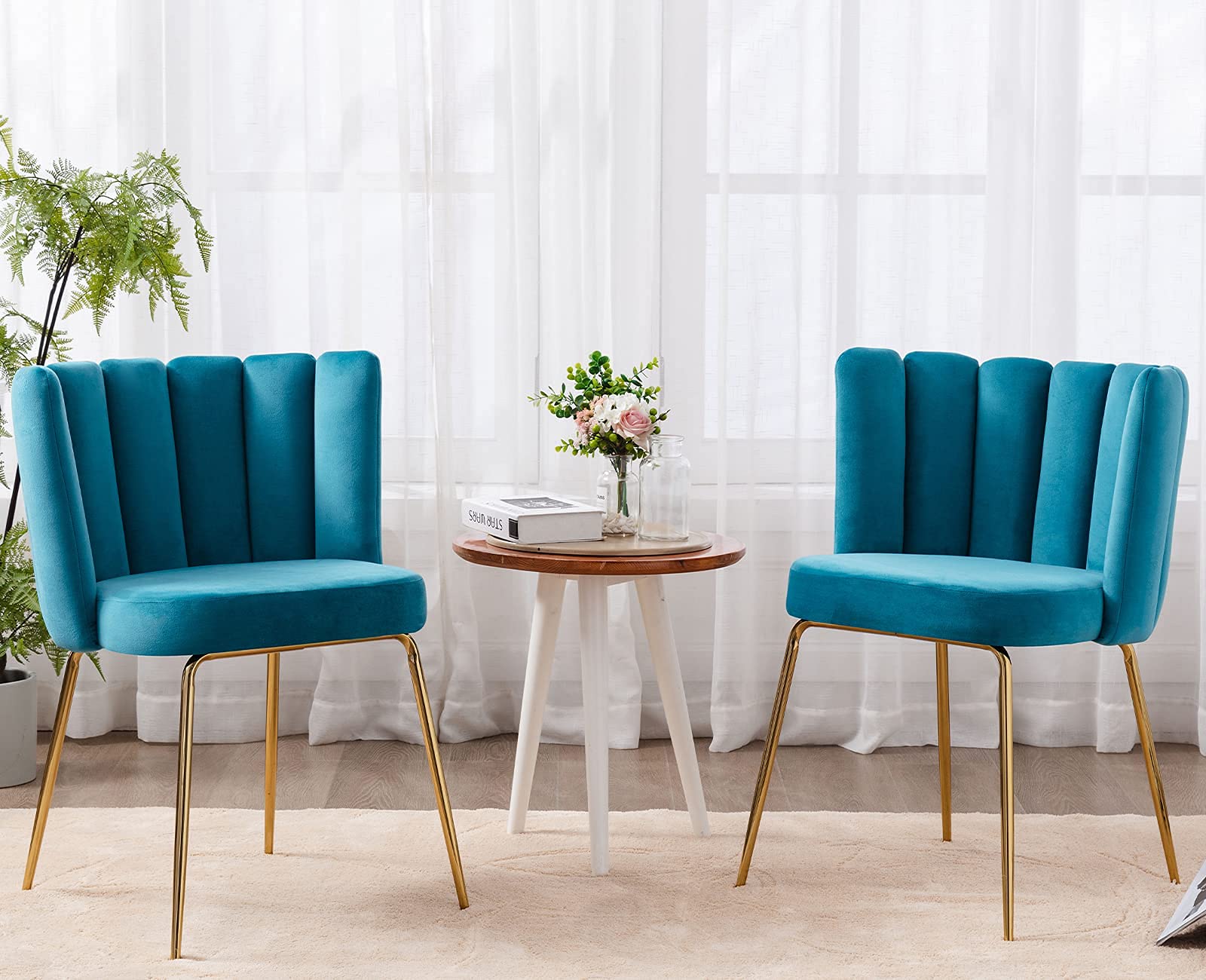 Velvet Dining Chairs Set of 2 - Modern Upholstered Accent Chairs with Gold Metal Legs for Kitchen, Living Room & Dining Room - Lake Blue Velvet Side Chairs for Home Decor, Dinner Parties & Cozy Seating