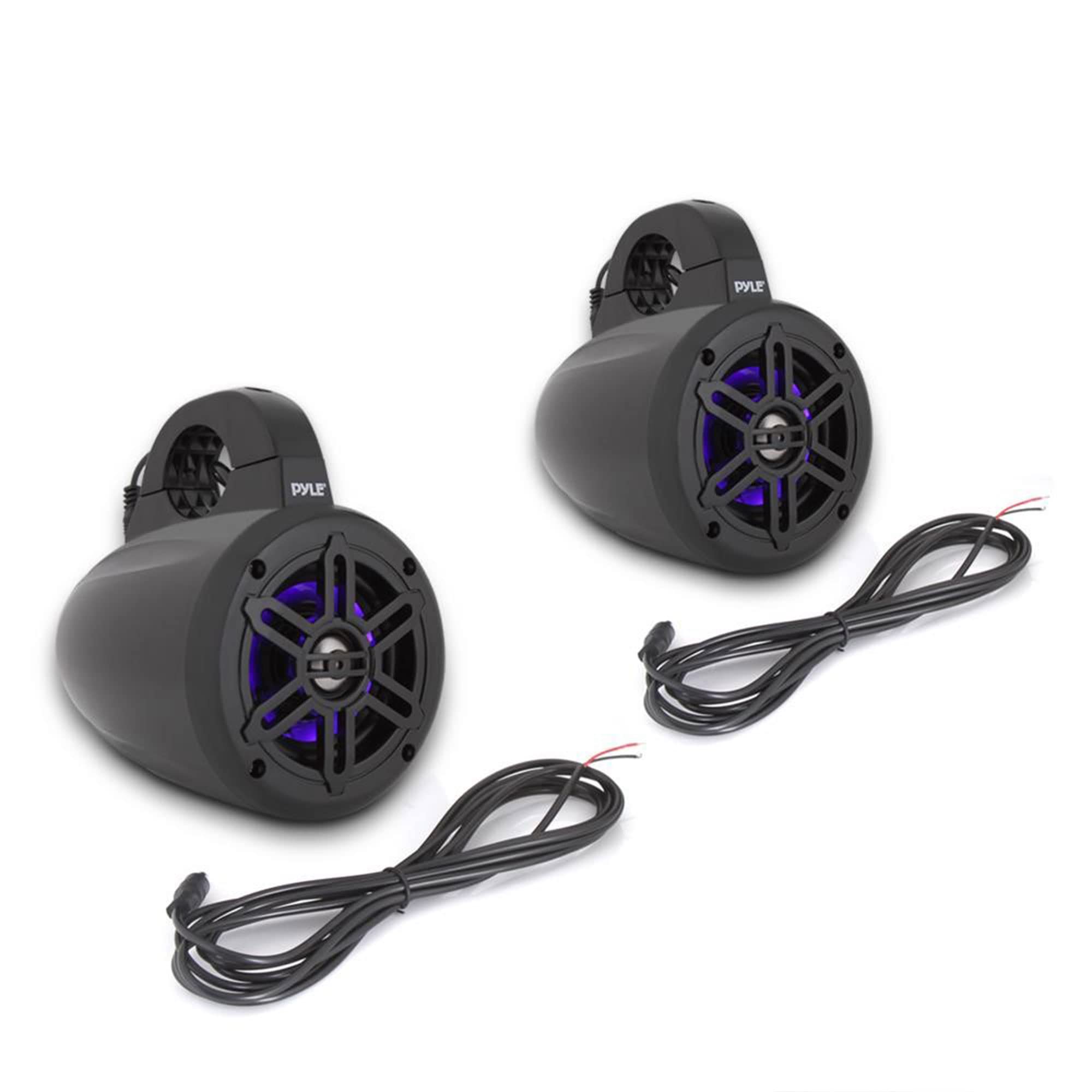 Pyle Waterproof Marine Wakeboard Tower Speakers - 4 Inch Dual Subwoofer Speaker Set w/LED Lights & Bluetooth for Wireless Music Streaming - Boat Audio System w/Mounting Clamps - Perfect for Wakeboarding, Boating, and Outdoor Water Sports