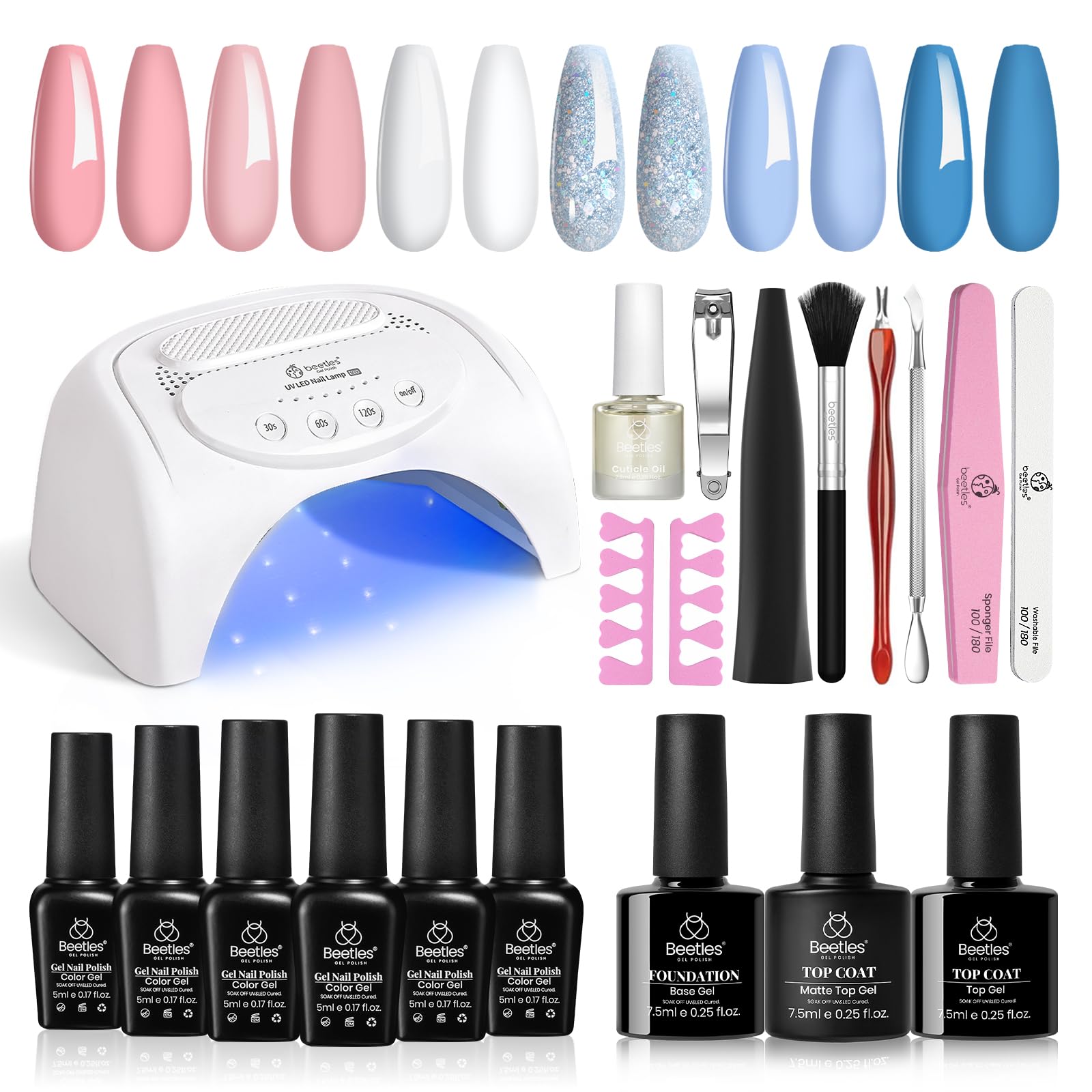 Beetles Gel Nail Polish Kit with UV Light - 6 Colors Gel Polish Set, 48W UV LED Nail Lamp, Base & Top Coat - DIY Soak Off Manicure Kit for Women | Perfect for Home Nail Salon & Gift Giving