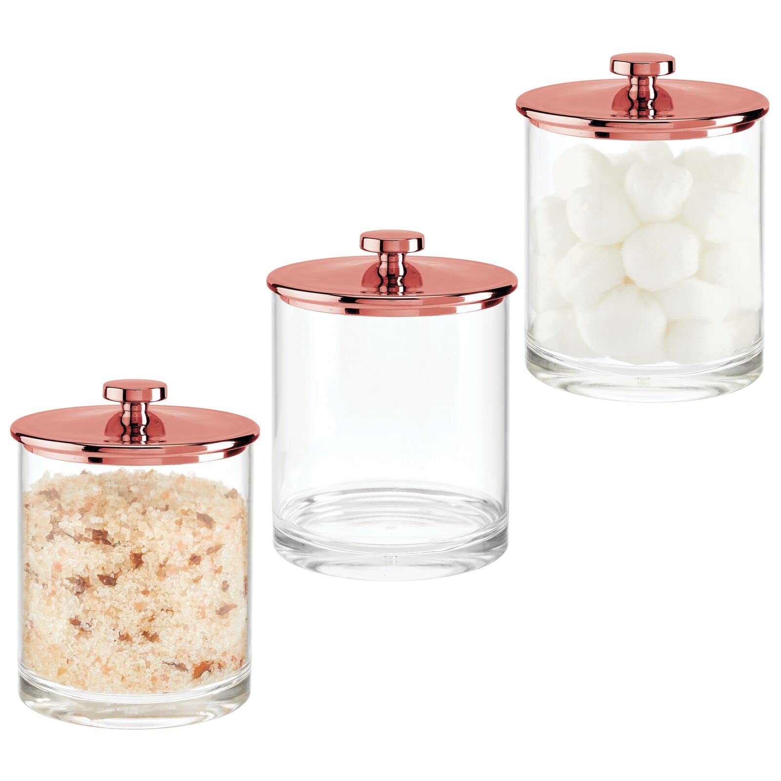 mDesign Medium Modern Apothecary Storage Organizer - 3-Pack Acrylic Canister Jars for Bathroom Vanity, Makeup Table & Countertop Organization - Clear/Rose Gold Lumiere Collection - Perfect for Cosmetics, Cotton Balls & Skincare Products