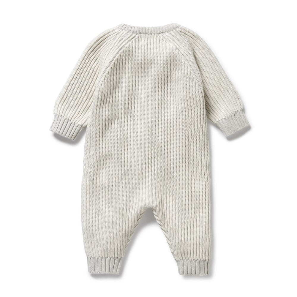 Grey Melange & Oatmeal Organic Cotton Knitted Baby Growsuit - Soft Newborn Onesie for Comfortable Sleep & Playtime