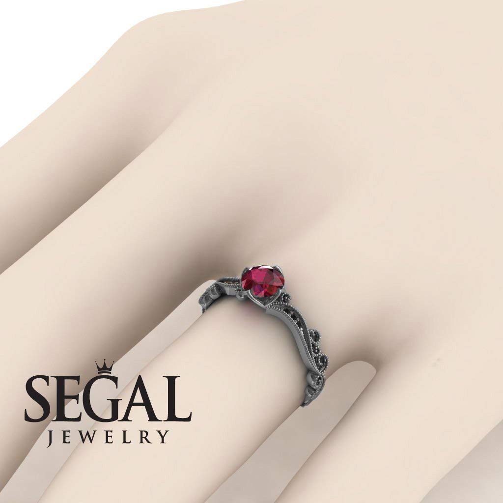 14K White Gold Victorian Edwardian Engagement Ring with Ruby & Black Diamond - Elegant Vintage Jewelry for Weddings, Anniversaries & Special Occasions