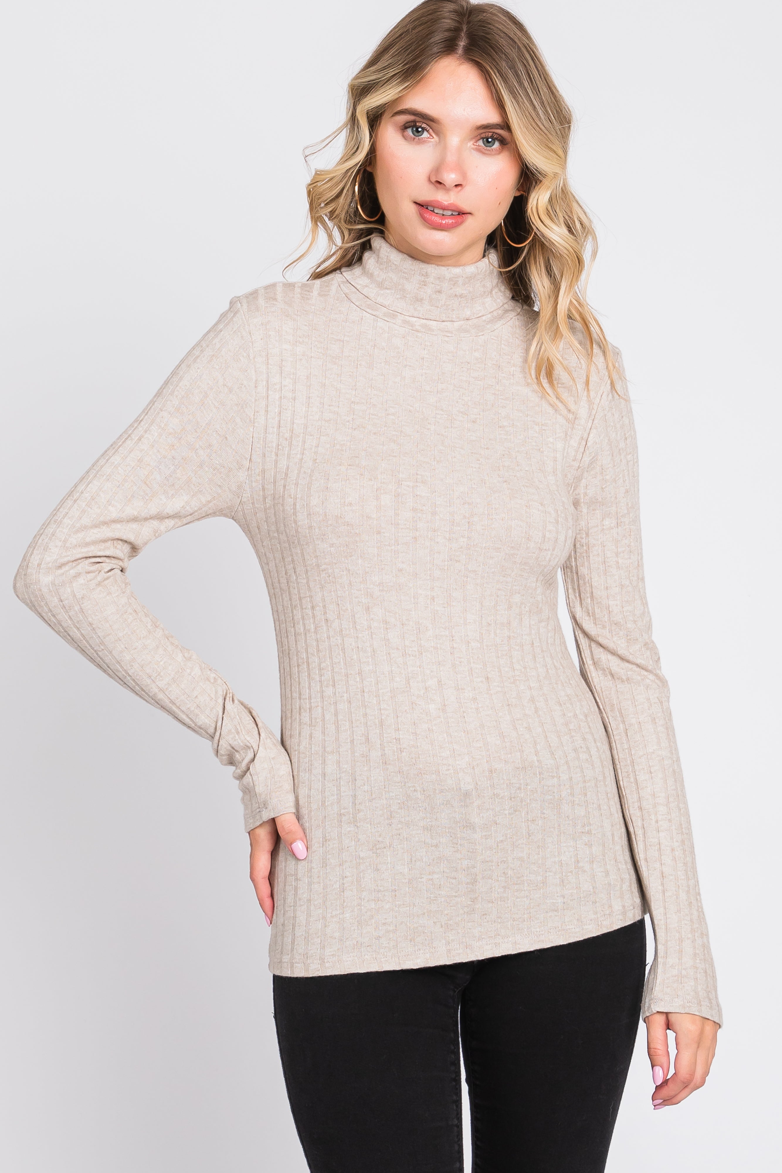 Beige Ribbed Long Sleeve Maternity Turtleneck Top - Soft Stretchy Pregnancy Shirt for Women | Perfect for Work, Casual Wear & Maternity Photos