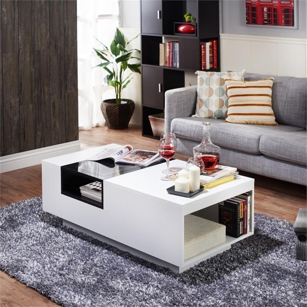 Modern Rectangle Coffee Table with Storage - White & Black Wooden Furniture for Living Room & Office - Matte Finish with Glass Window Shelf & 2 Open Shelves - Perfect for Small Spaces, Home Decor & Entertaining Guests